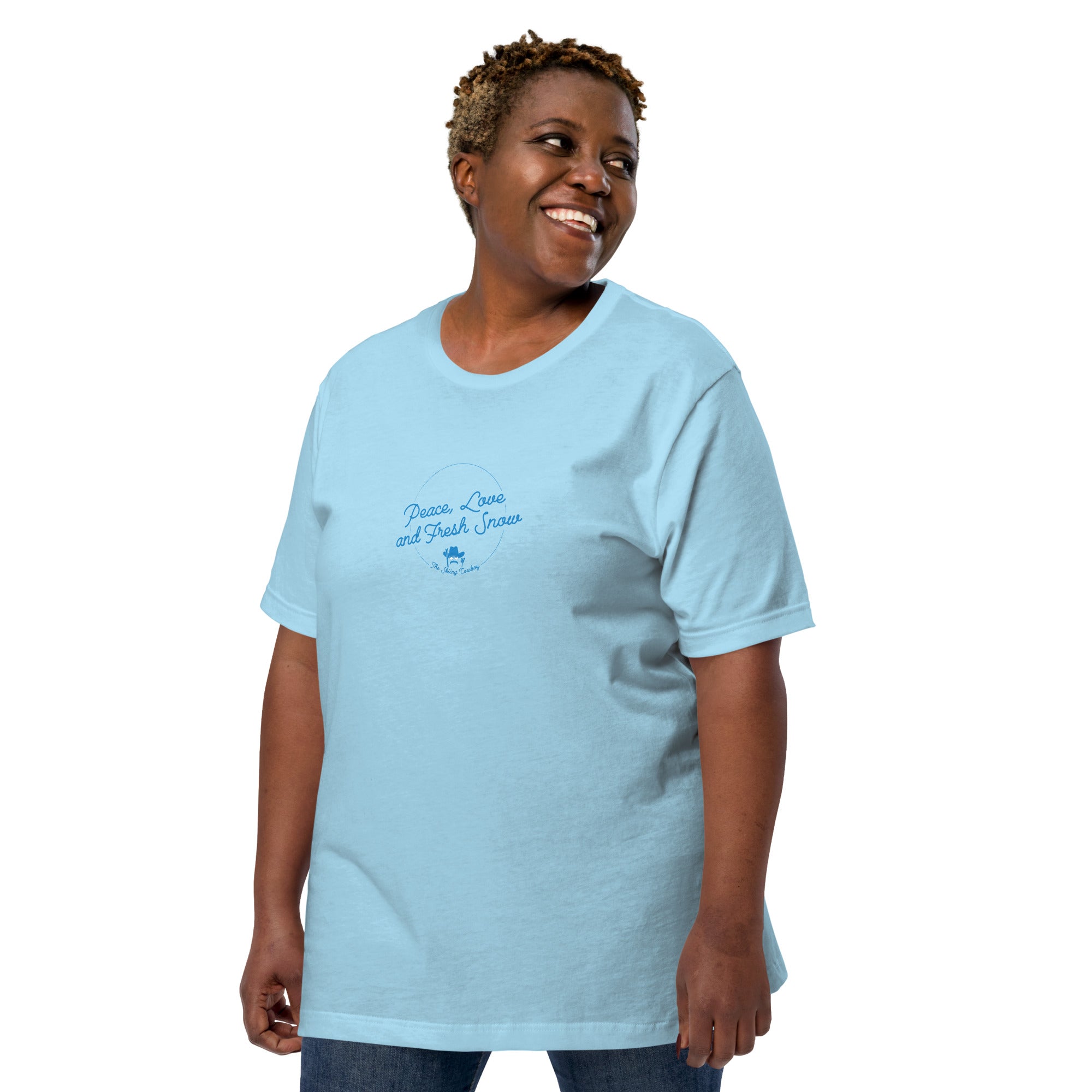 T-shirt en coton unisexe Peace, Love and Fresh Snow sur couleurs vives