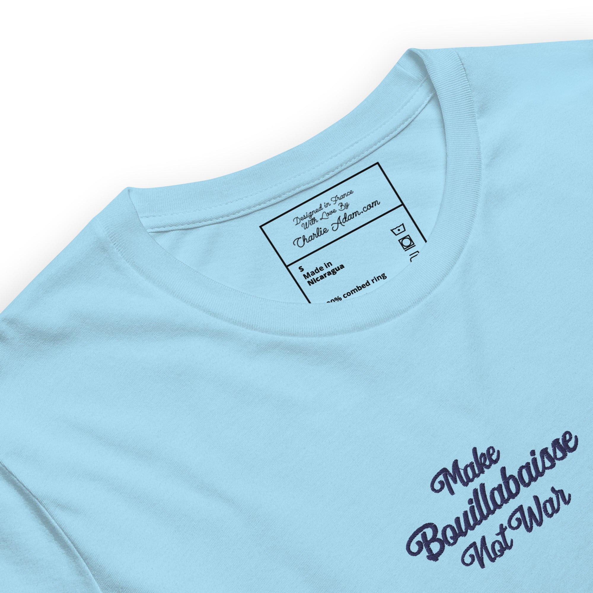 Unisex t-shirt Make Bouillabaisse Not War Text Only navy on bright colors