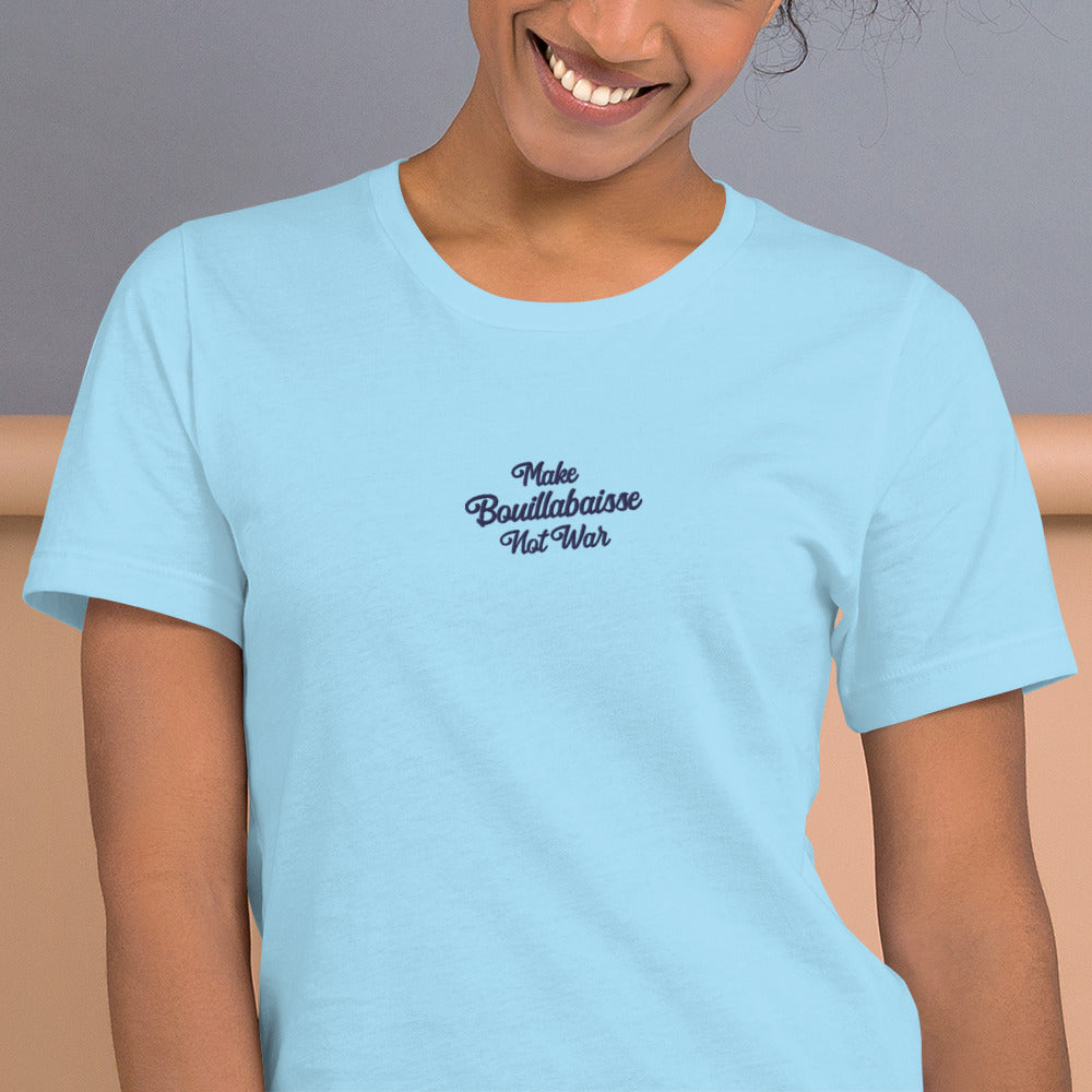 Unisex t-shirt Make Bouillabaisse Not War Text Only navy on bright colors
