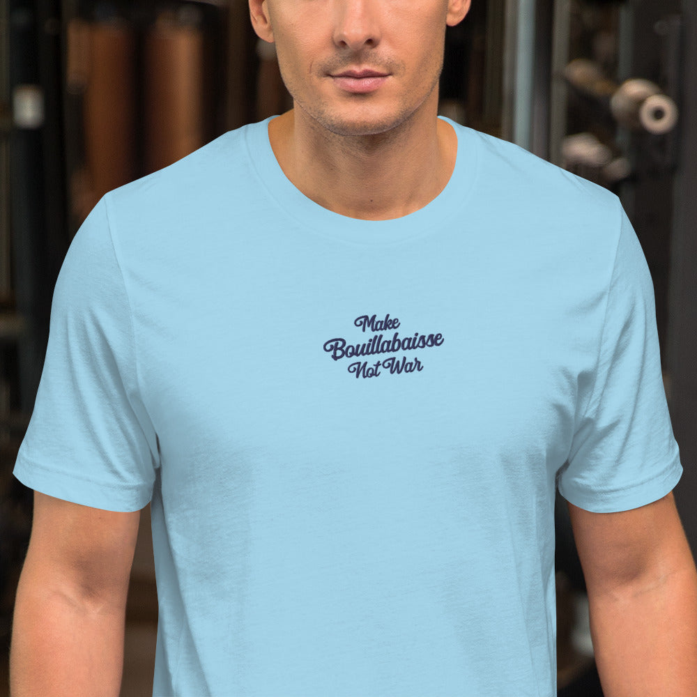 Unisex t-shirt Make Bouillabaisse Not War Text Only navy on bright colors