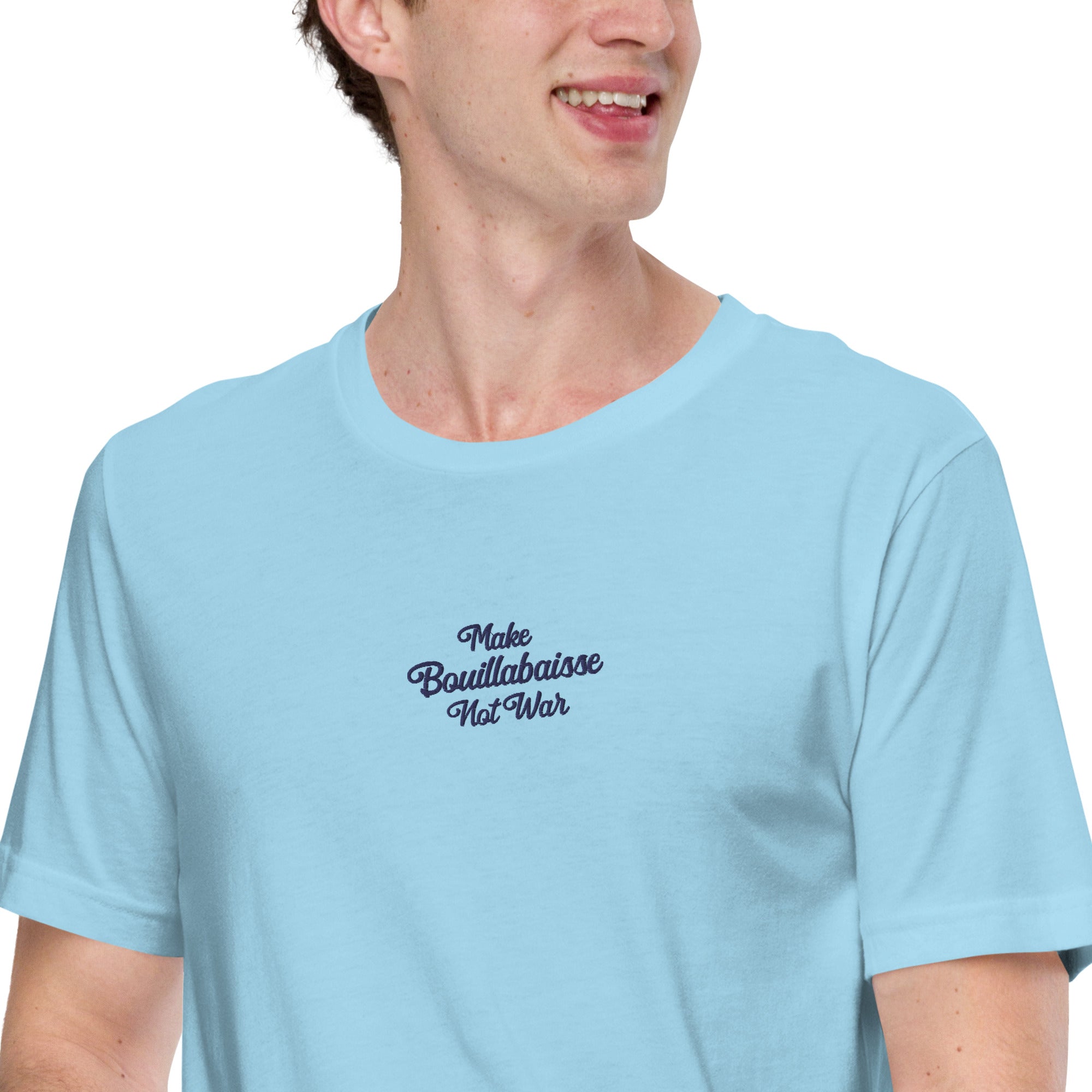 Unisex t-shirt Make Bouillabaisse Not War Text Only navy on bright colors
