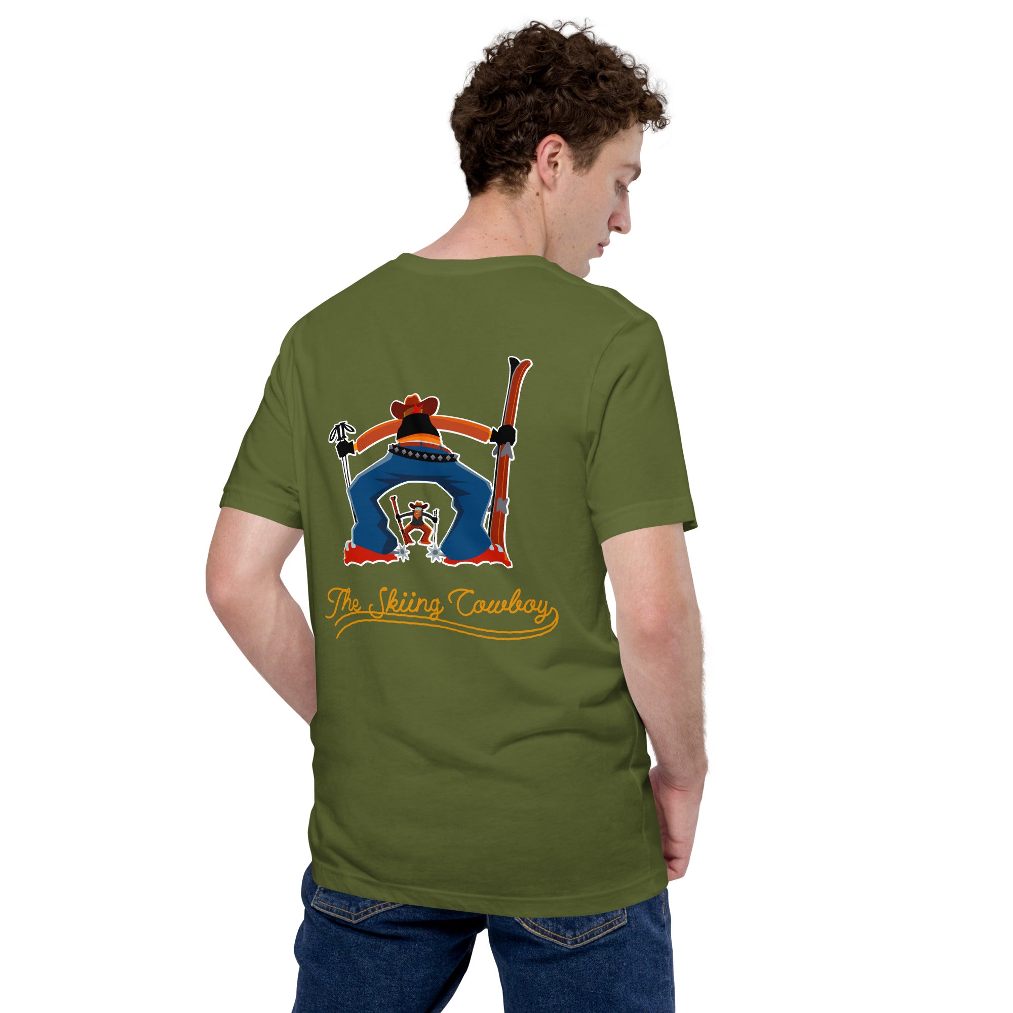 T-shirt en coton unisexe Skiing Cowboy (face) & Ski Fight at OK Corral Outline (dos) sur couleurs foncées