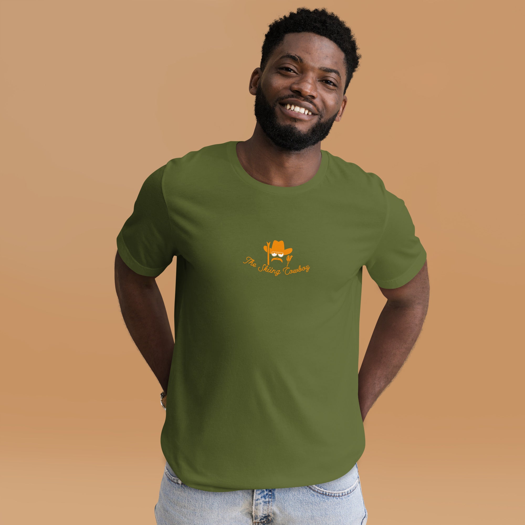 T-shirt en coton unisexe Skiing Cowboy (face) & Ski Fight at OK Corral Outline (dos) sur couleurs foncées