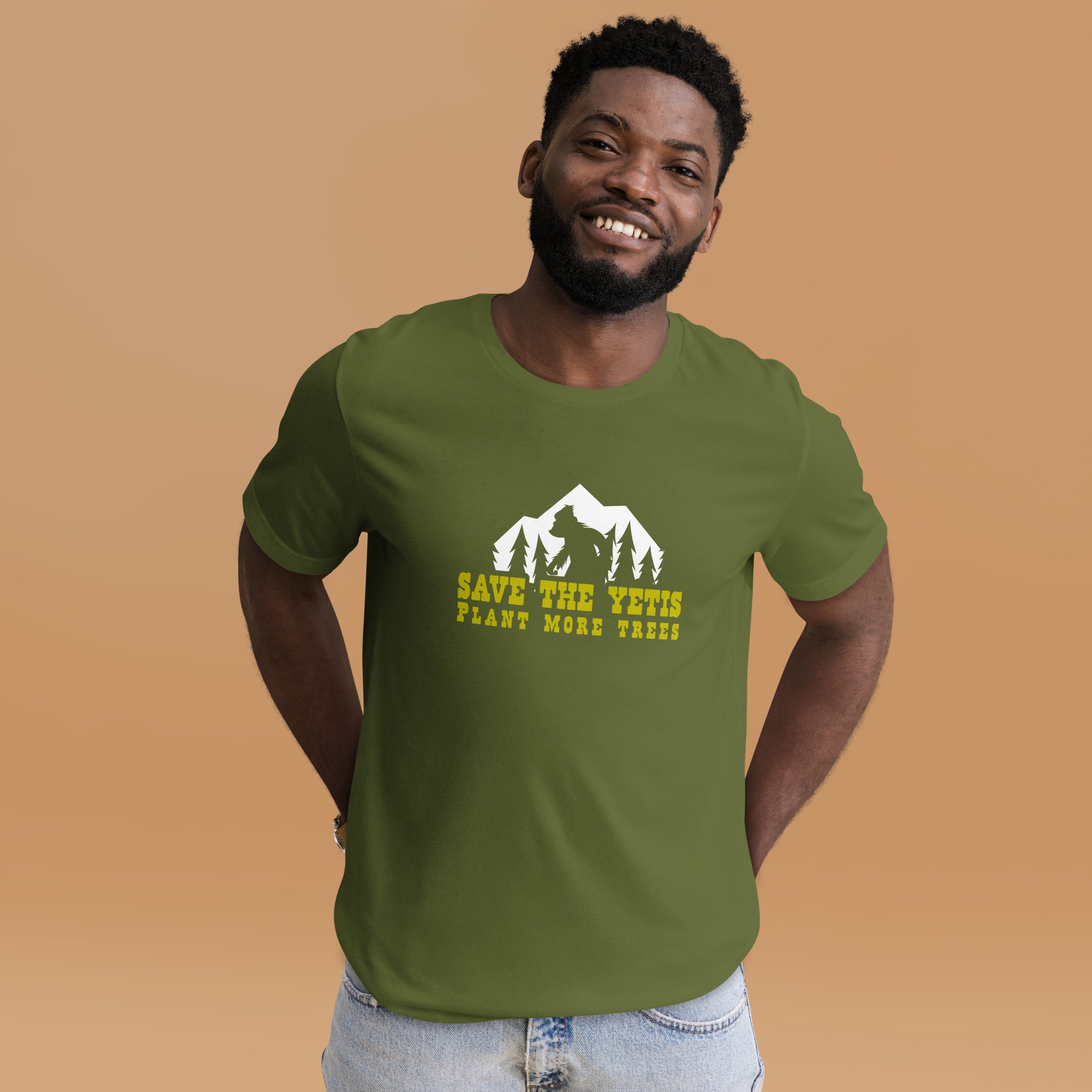 Unisex cotton t-shirt Save the Yetis Plant more Trees on Green (front & back)