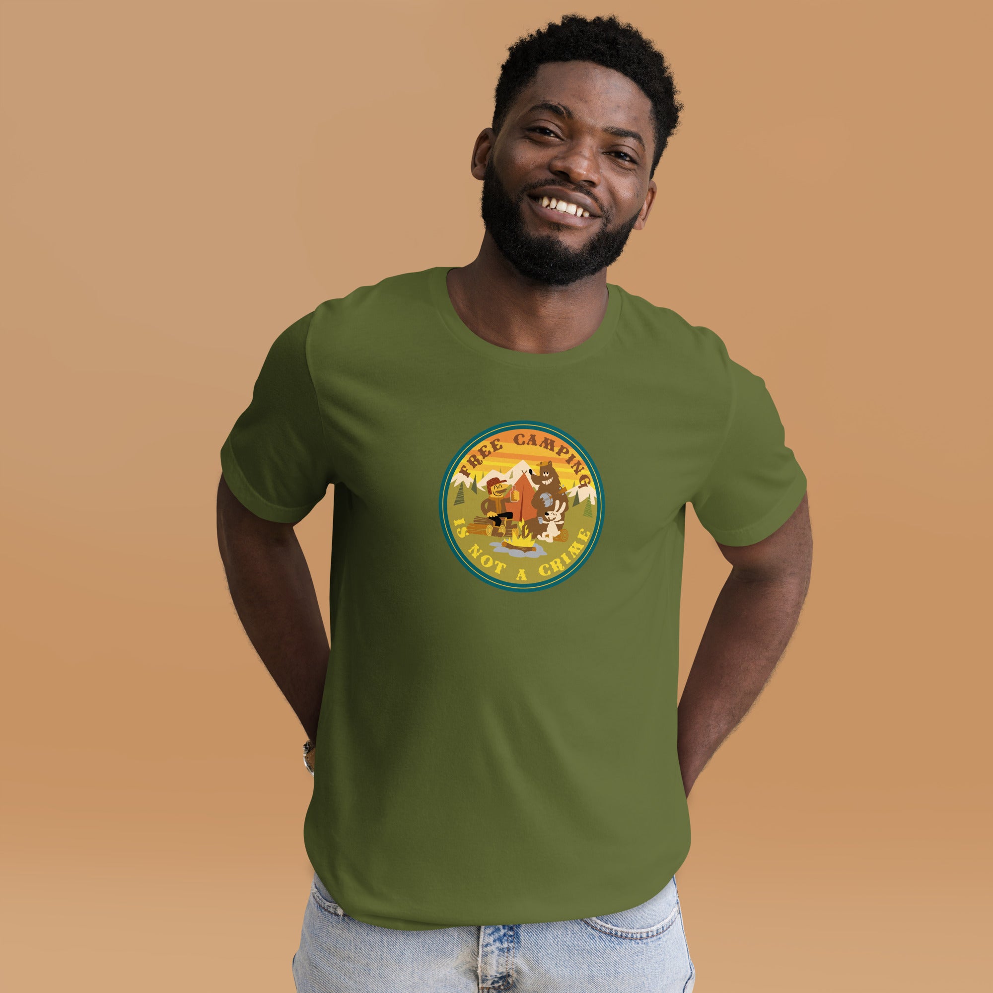 Unisex cotton t-shirt Free Camping is not a Crime on greens