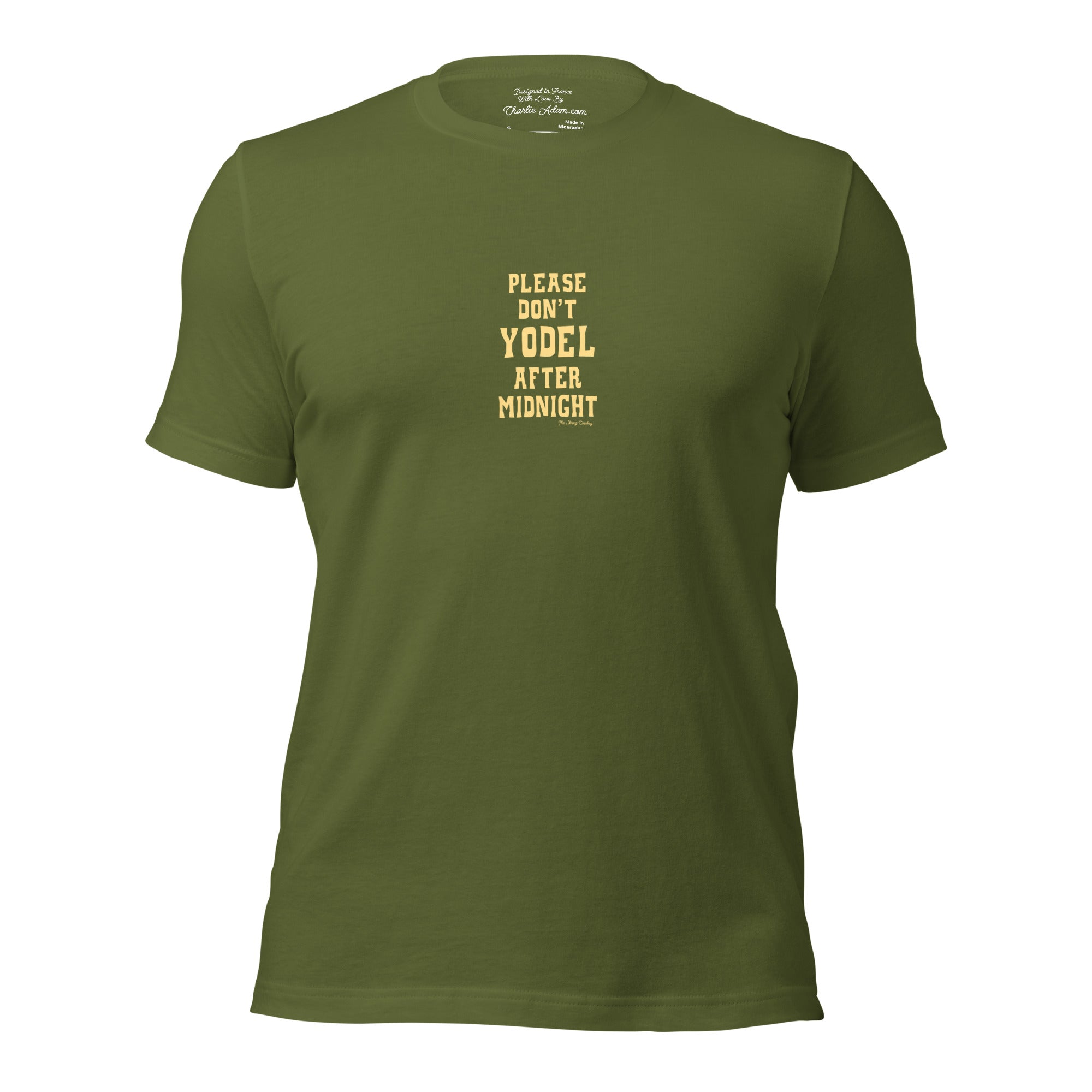 T-shirt en coton unisexe Don't Yodel After Midnight texte clair