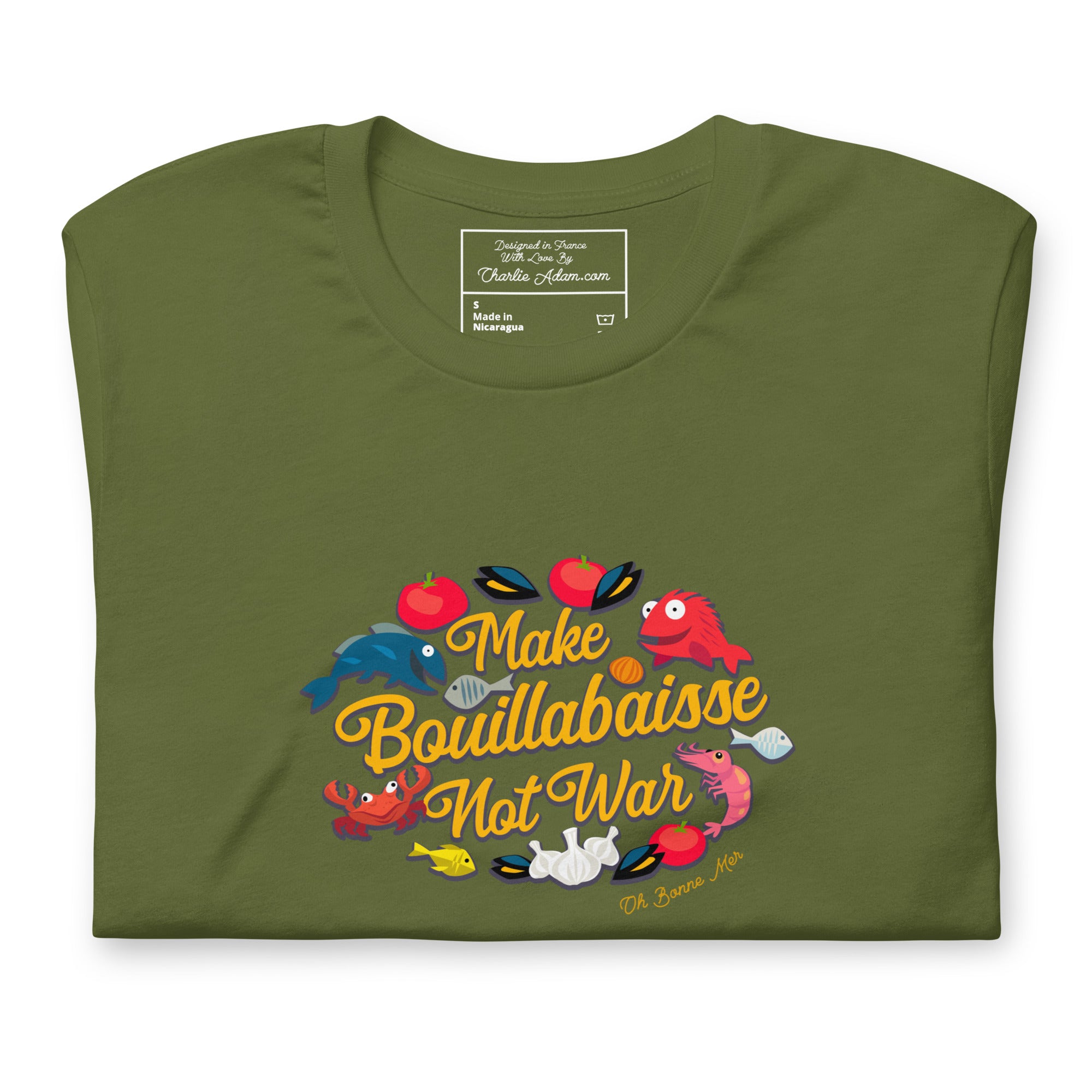 T-shirt en coton unisexe Make Bouillabaisse Not War sur couleurs foncées