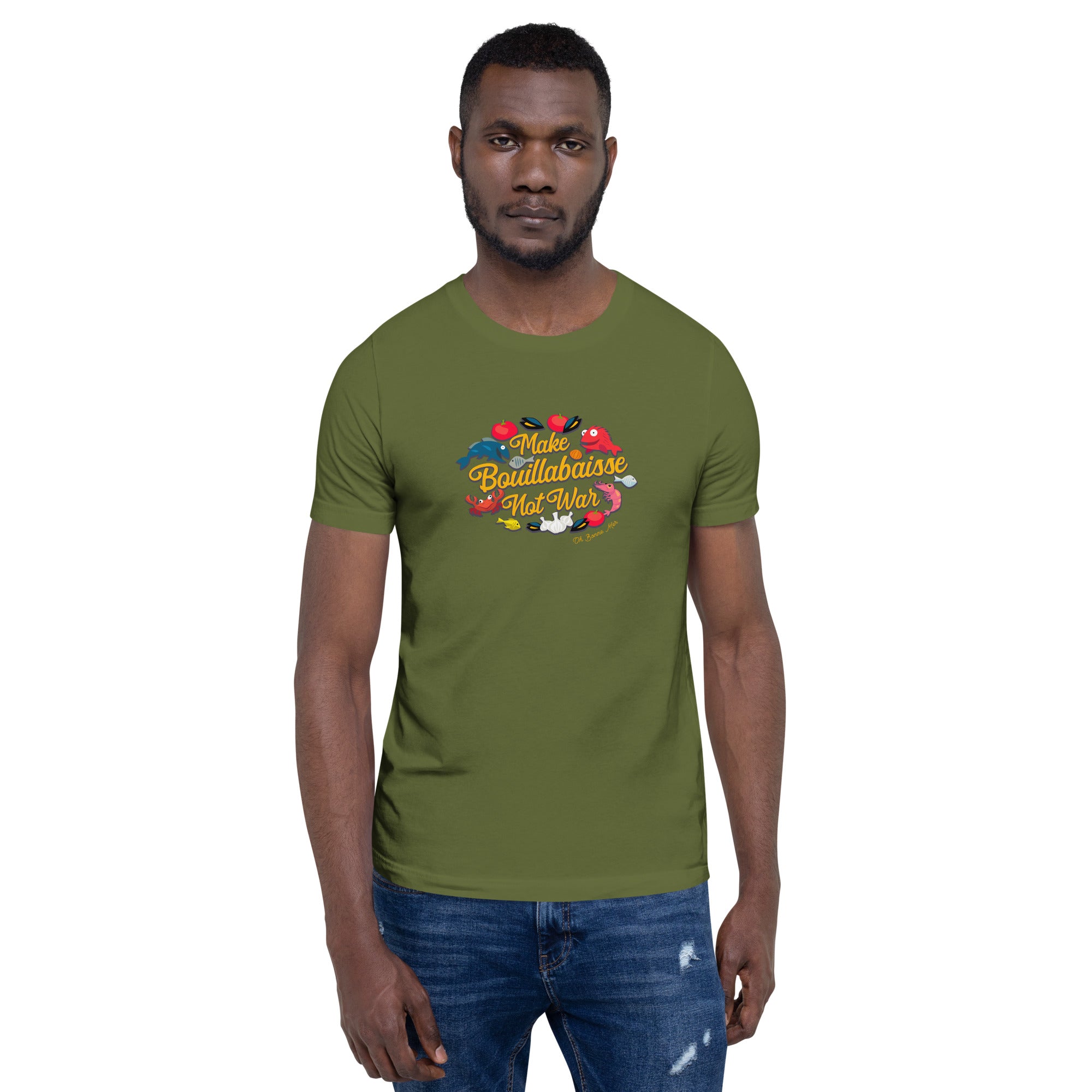 T-shirt en coton unisexe Make Bouillabaisse Not War sur couleurs foncées