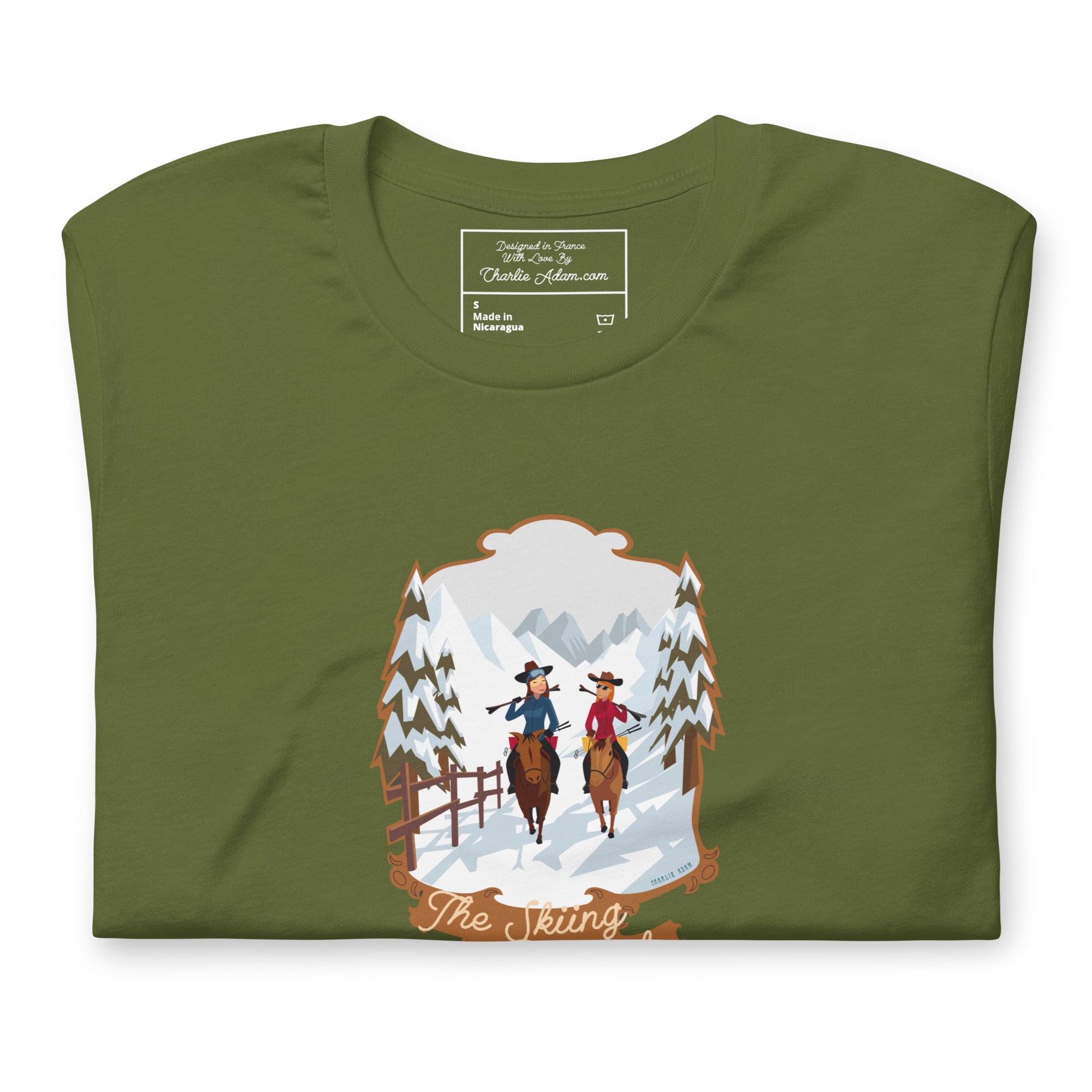 T-shirt en coton unisexe The Skiing Cowgirl sur couleurs foncées
