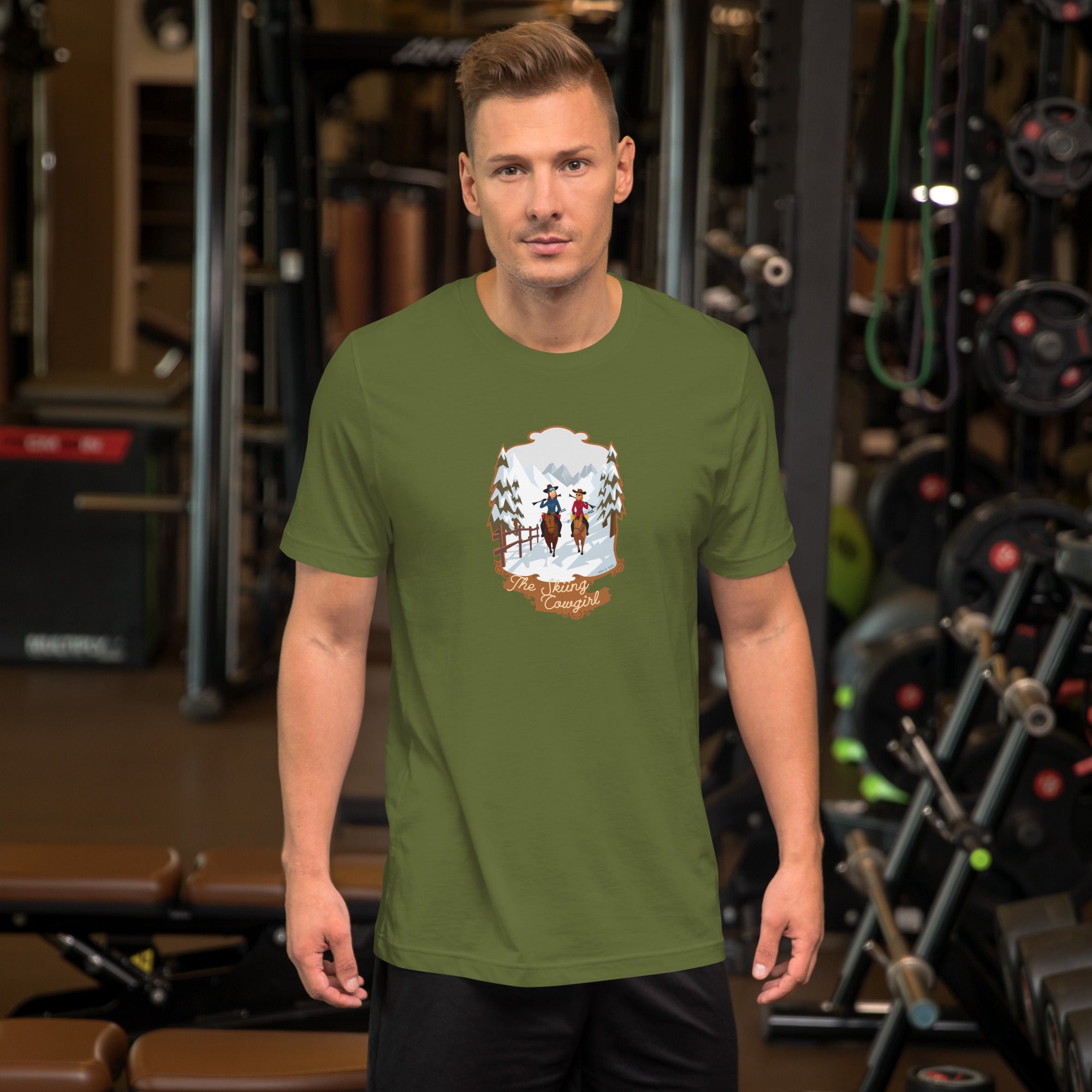 T-shirt en coton unisexe The Skiing Cowgirl sur couleurs foncées