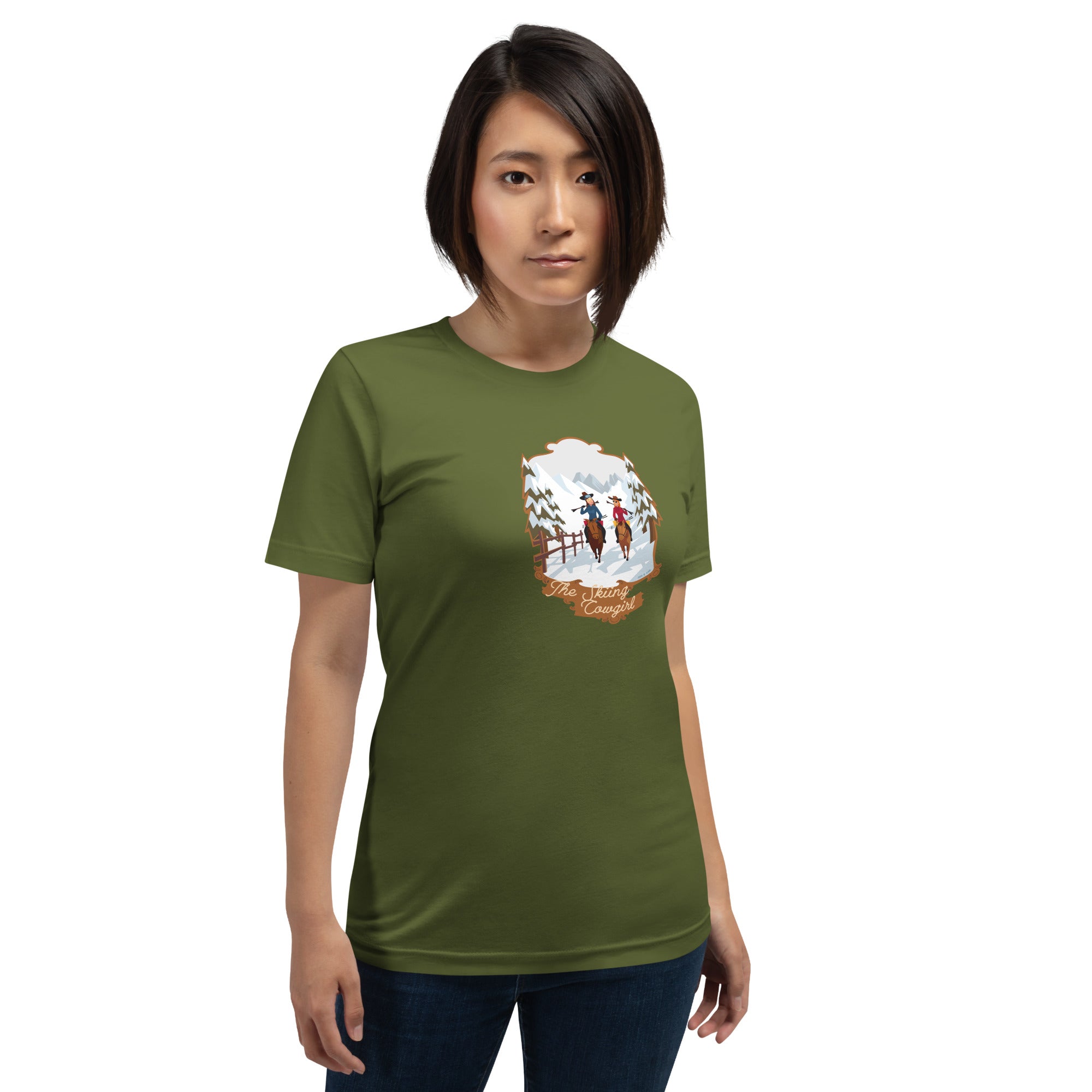 T-shirt en coton unisexe The Skiing Cowgirl sur couleurs foncées