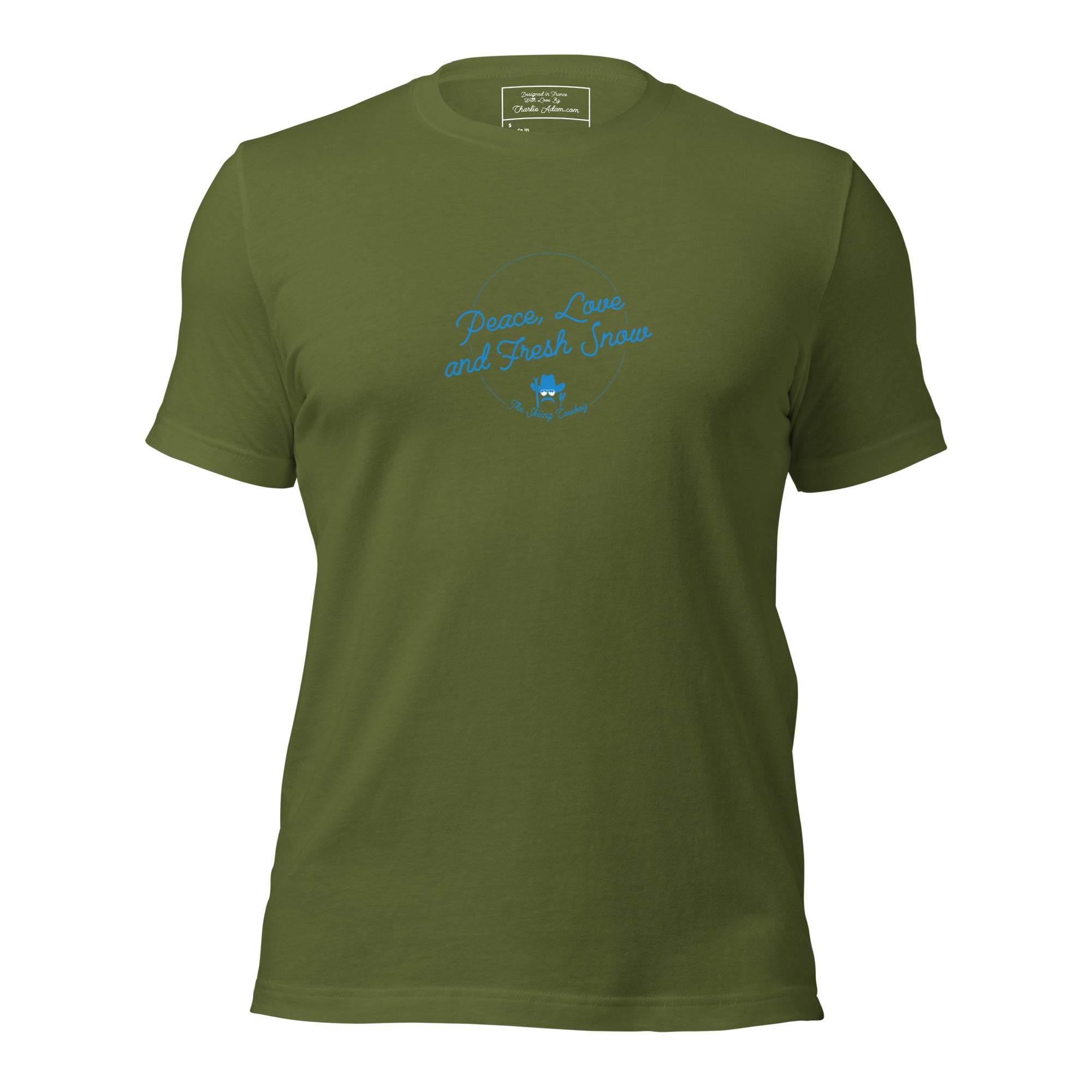 T-shirt en coton unisexe Peace, Love and Fresh Snow sur couleurs foncées