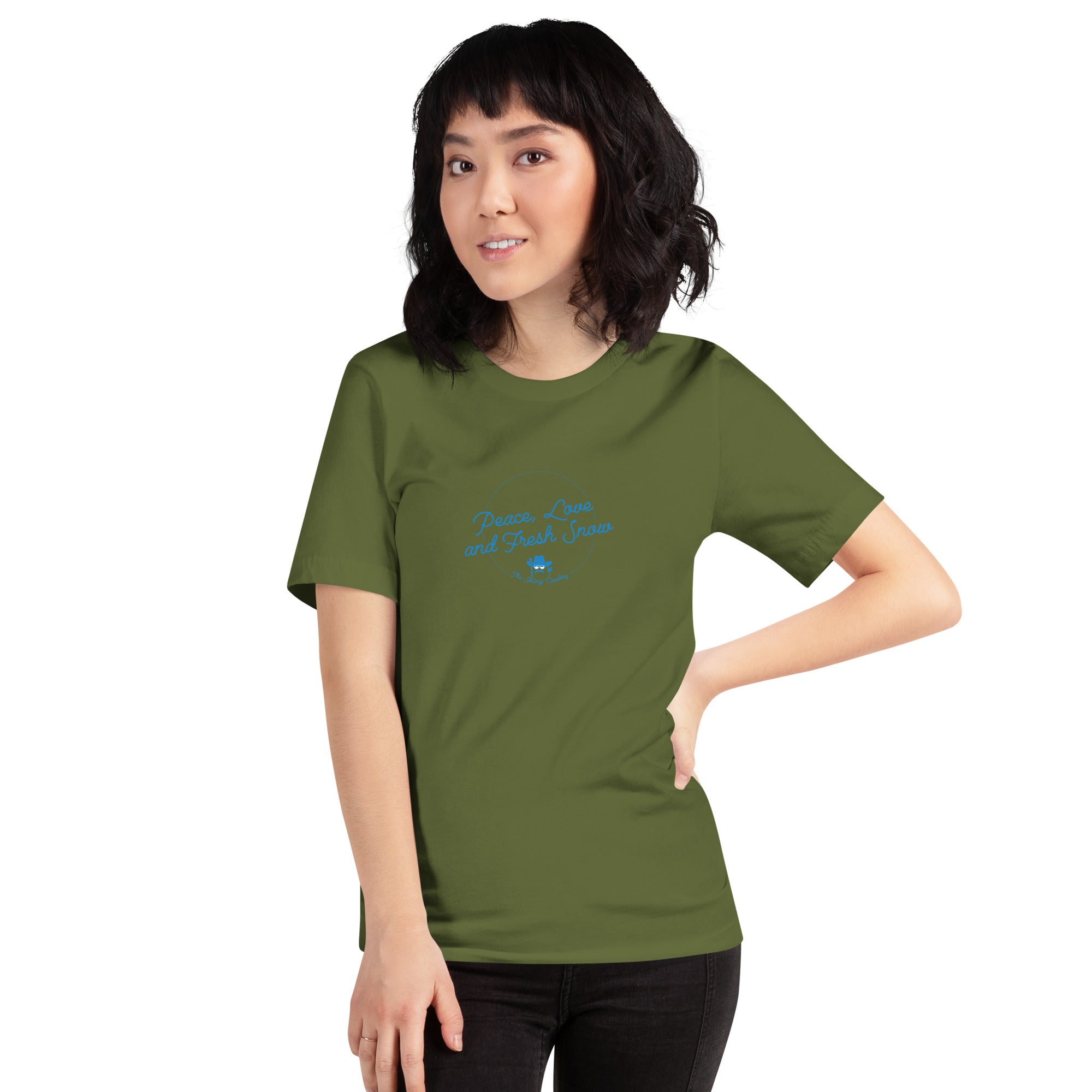 T-shirt en coton unisexe Peace, Love and Fresh Snow sur couleurs foncées