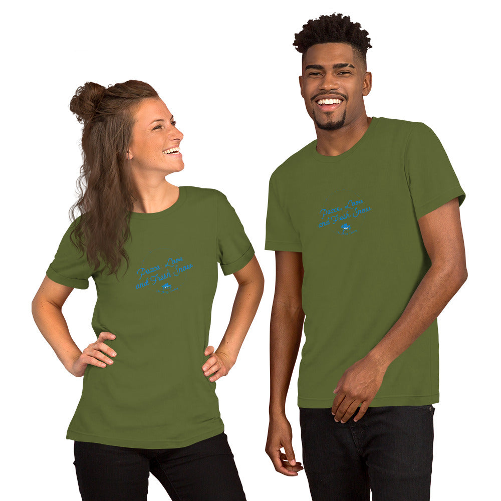 T-shirt en coton unisexe Peace, Love and Fresh Snow sur couleurs foncées