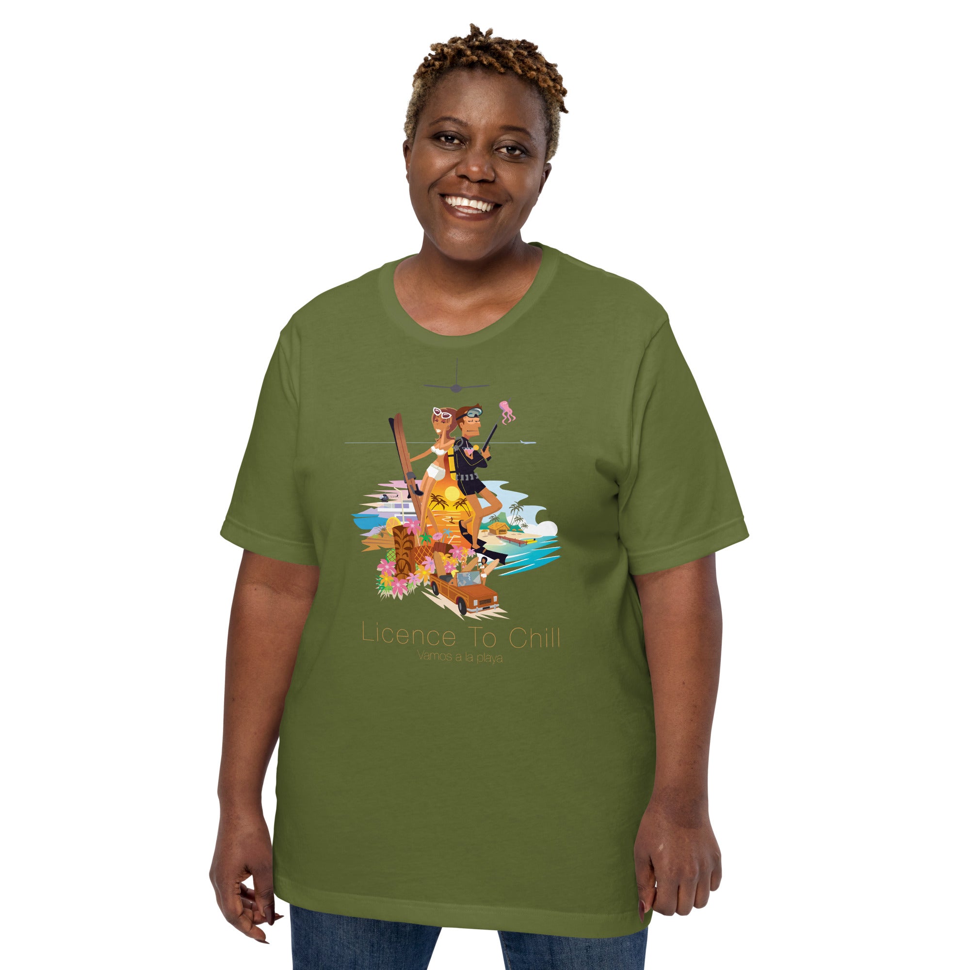 Unisex cotton t-shirt License to Chill Vamos a la Playa on Green