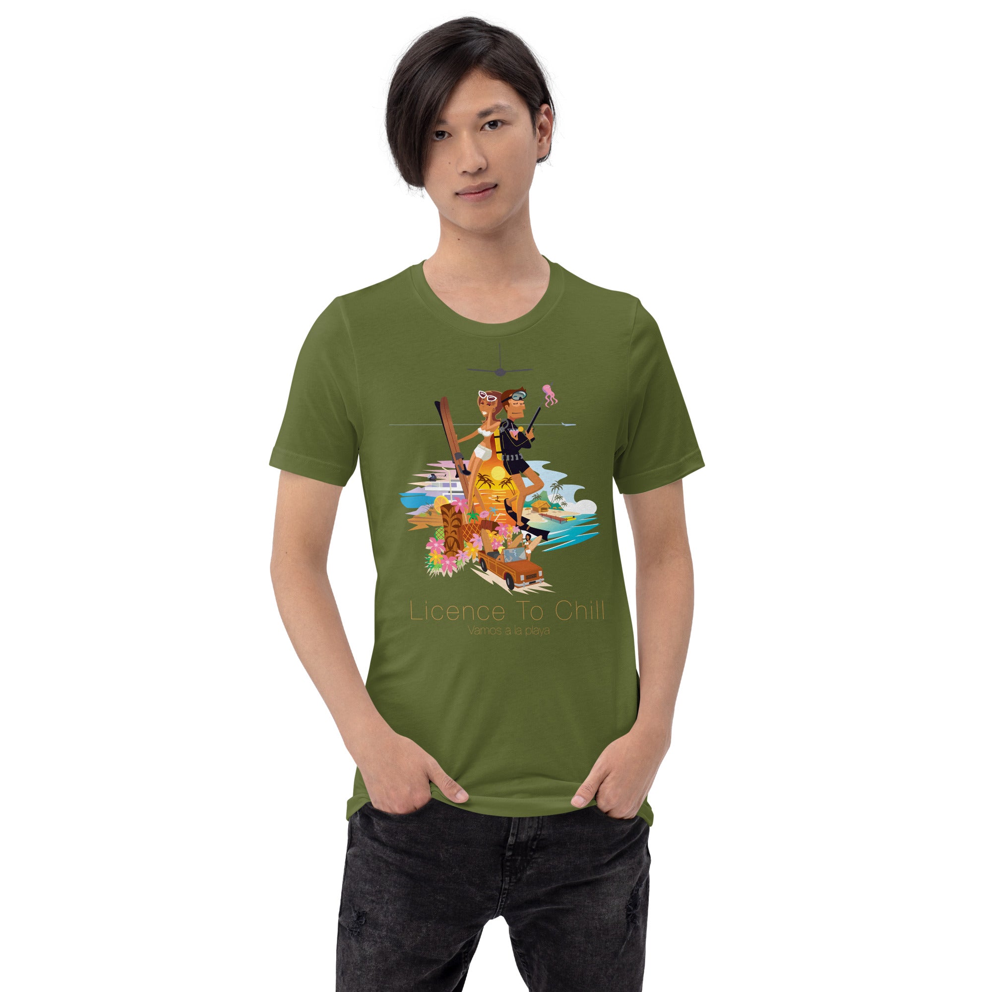 Unisex cotton t-shirt License to Chill Vamos a la Playa on Green