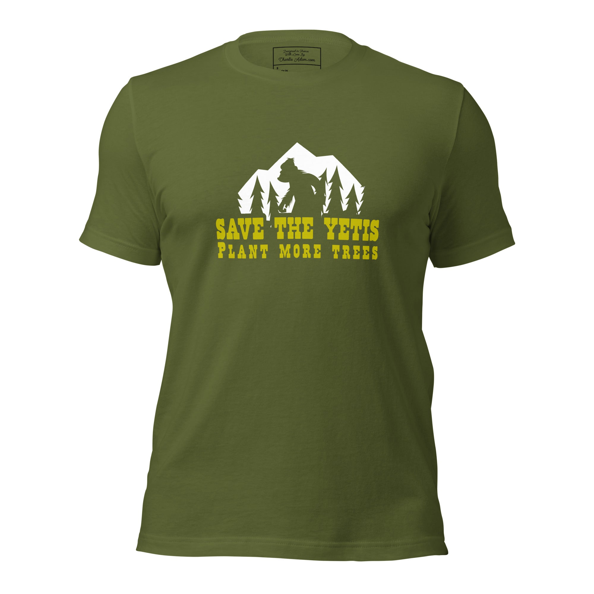 Unisex cotton t-shirt Save the Yetis Plant more Trees on Green (front & back)