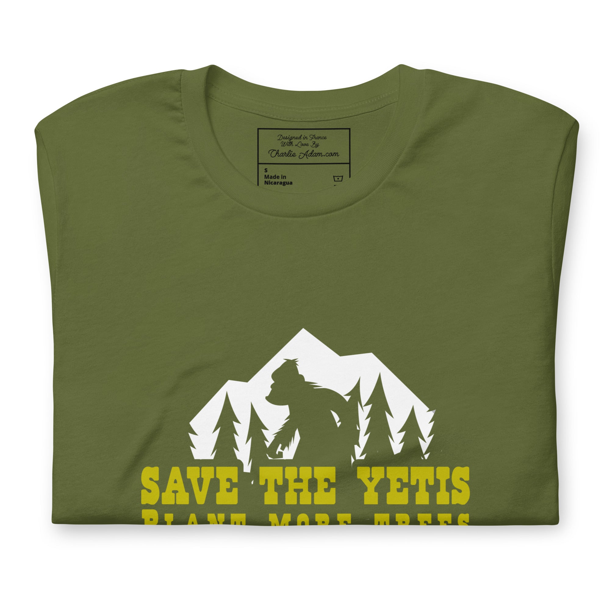 Unisex cotton t-shirt Save the Yetis Plant more Trees on Green (front & back)