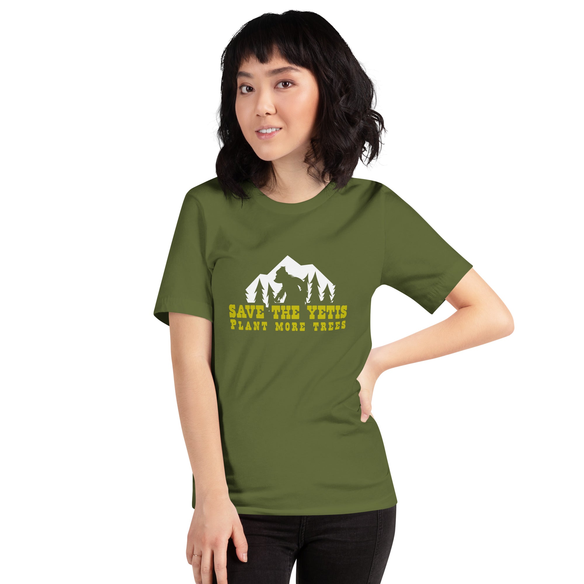 Unisex cotton t-shirt Save the Yetis Plant more Trees on Green (front & back)