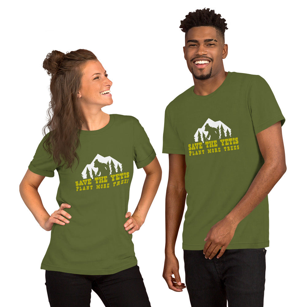 Unisex cotton t-shirt Save the Yetis Plant more Trees on Green (front & back)