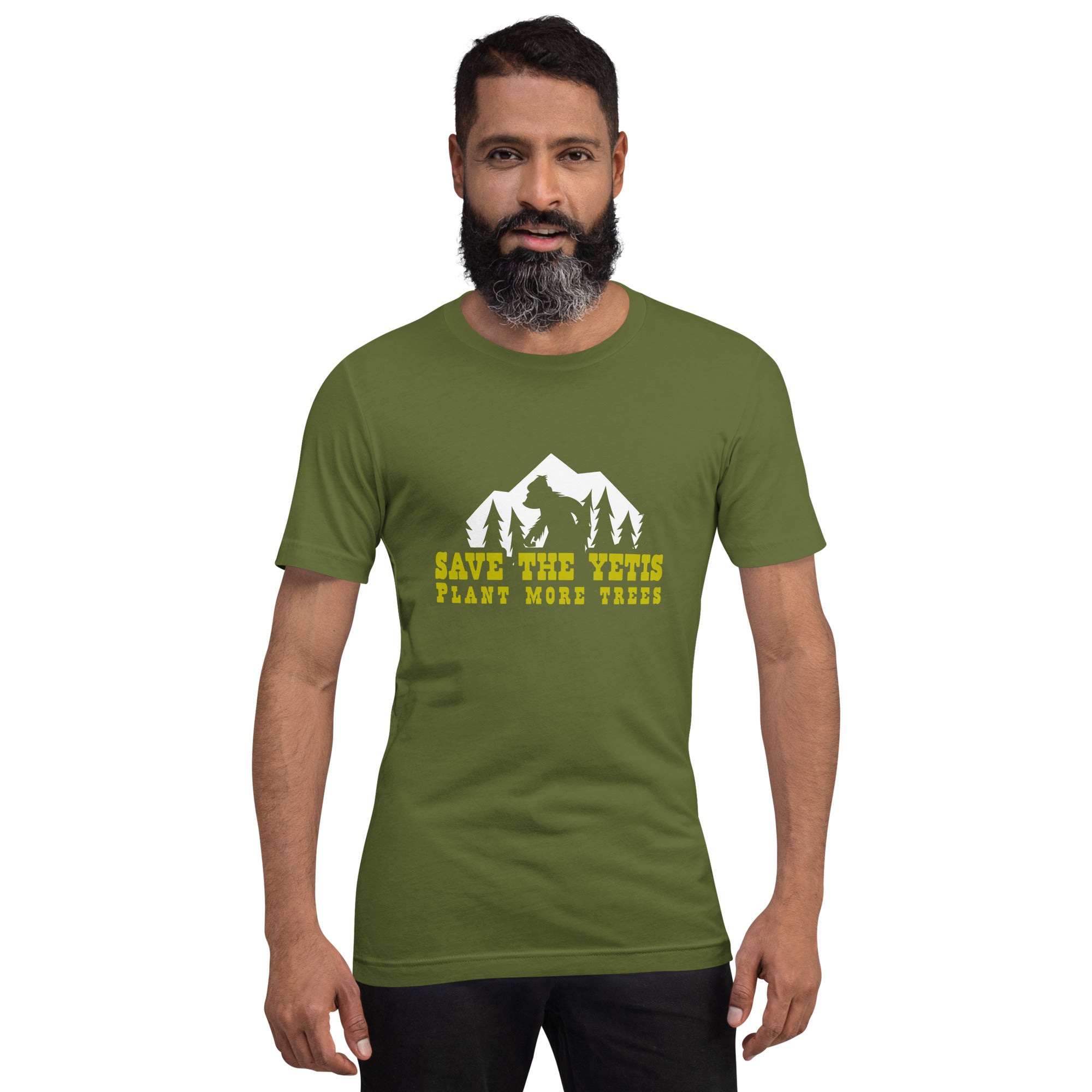 Unisex cotton t-shirt Save the Yetis Plant more Trees on Green (front & back)