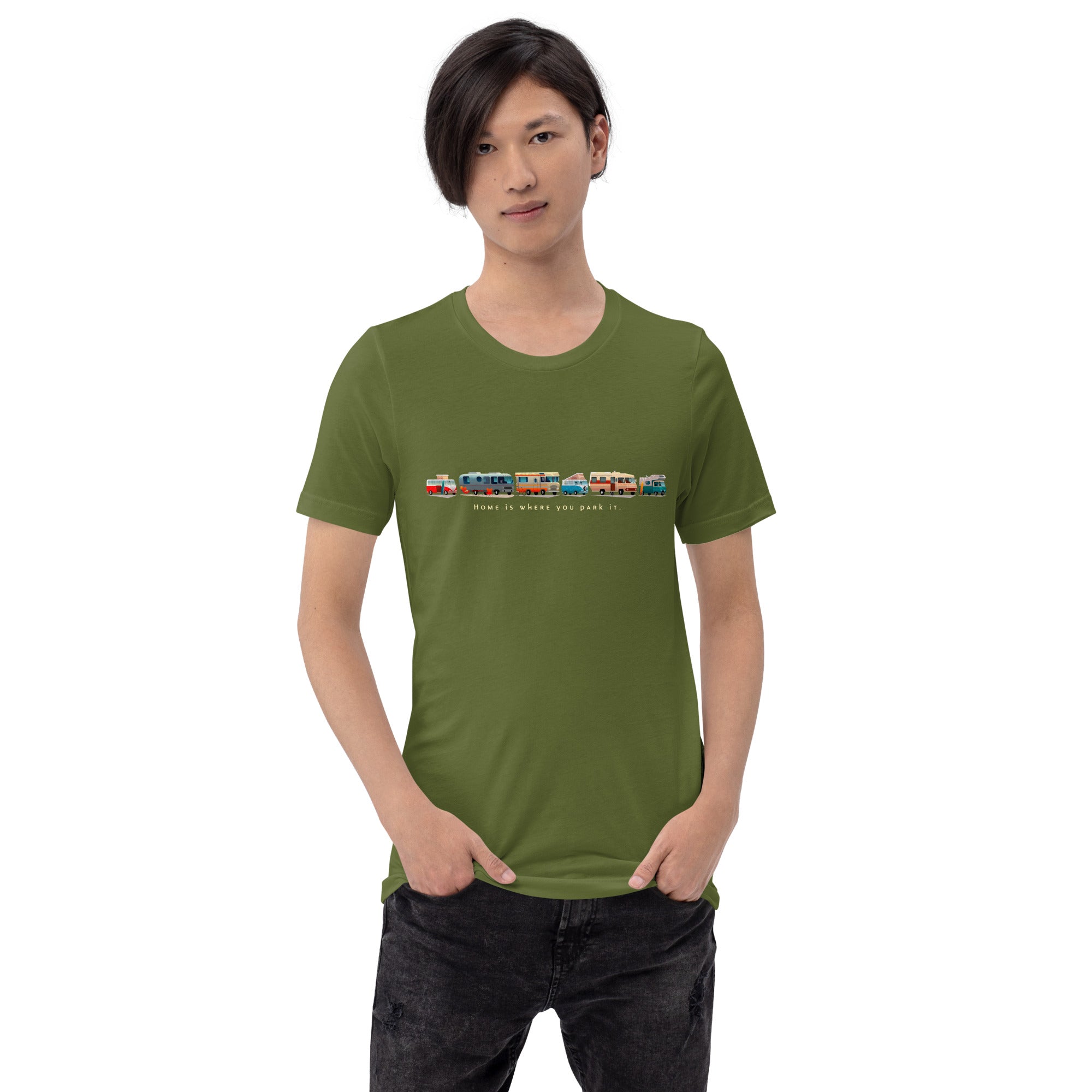 Unisex cotton t-shirt Vintage Campers: Home is where you park it on green