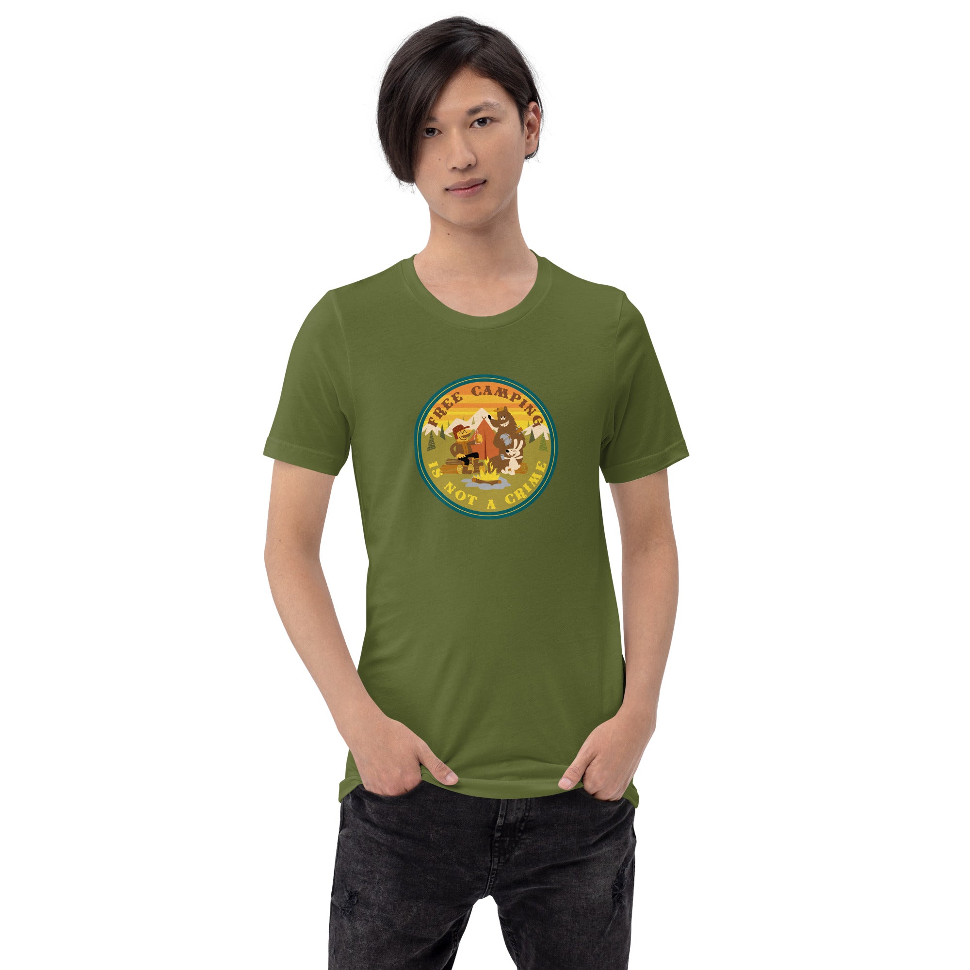 Unisex cotton t-shirt Free Camping is not a Crime on greens