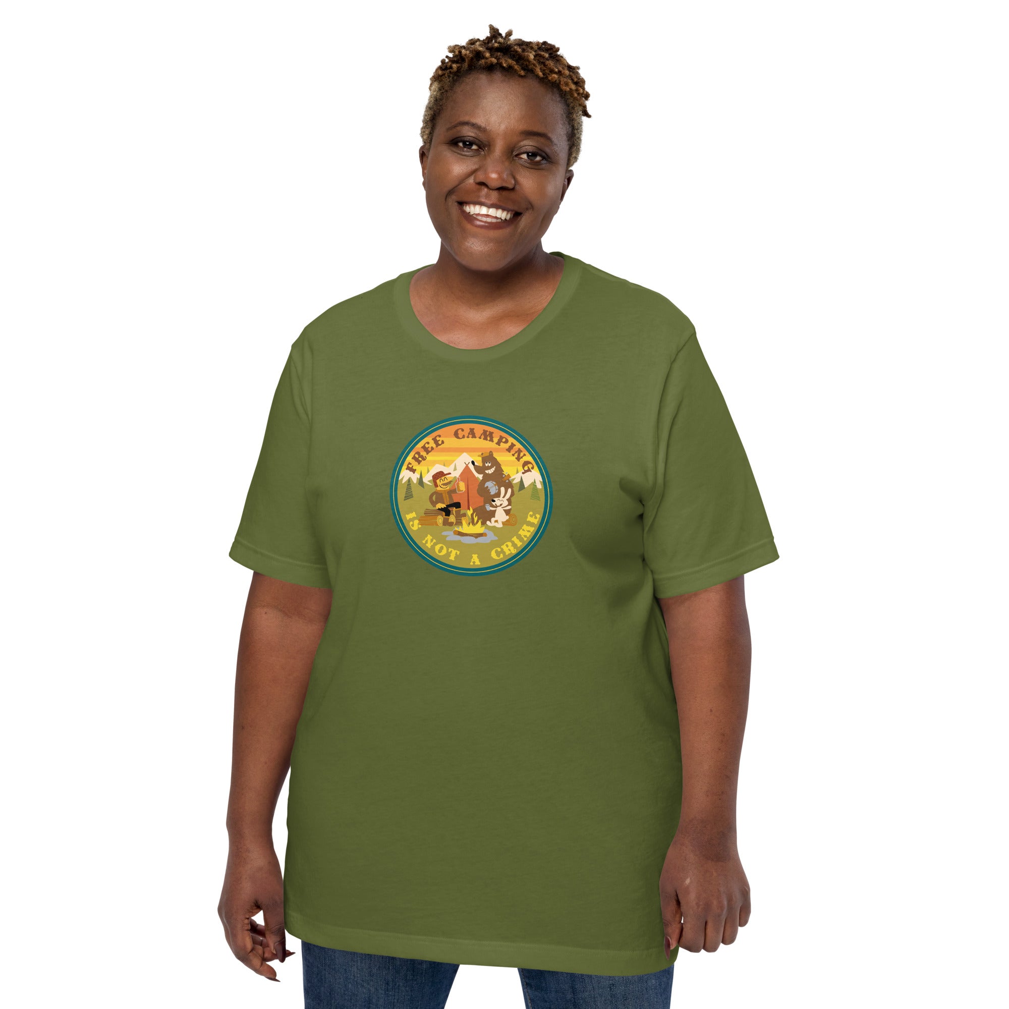 Unisex cotton t-shirt Free Camping is not a Crime on greens