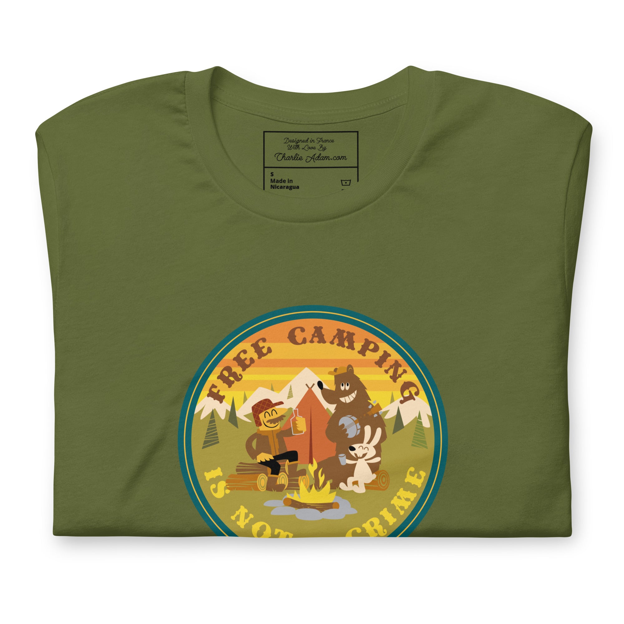 Unisex cotton t-shirt Free Camping is not a Crime on greens