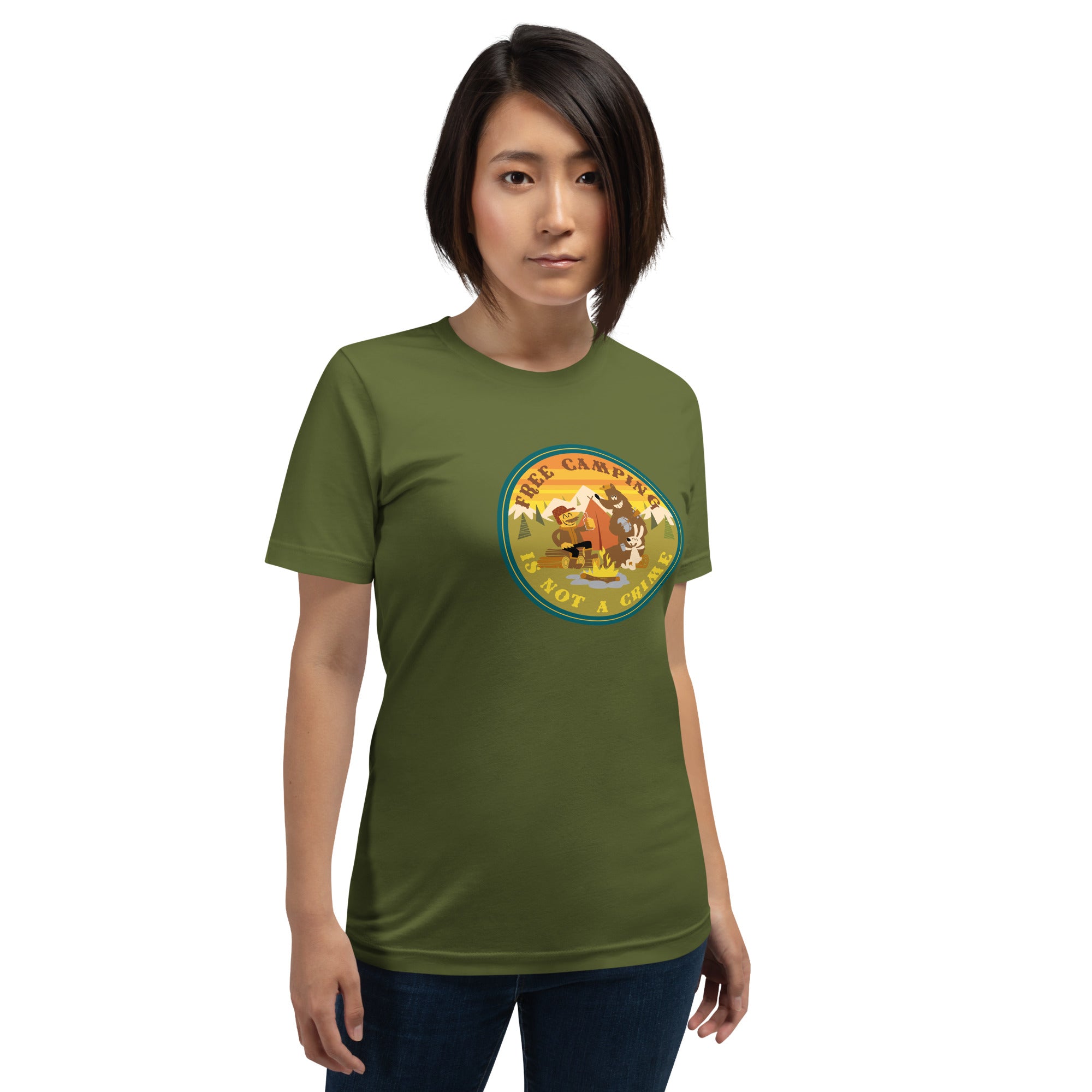 Unisex cotton t-shirt Free Camping is not a Crime on greens