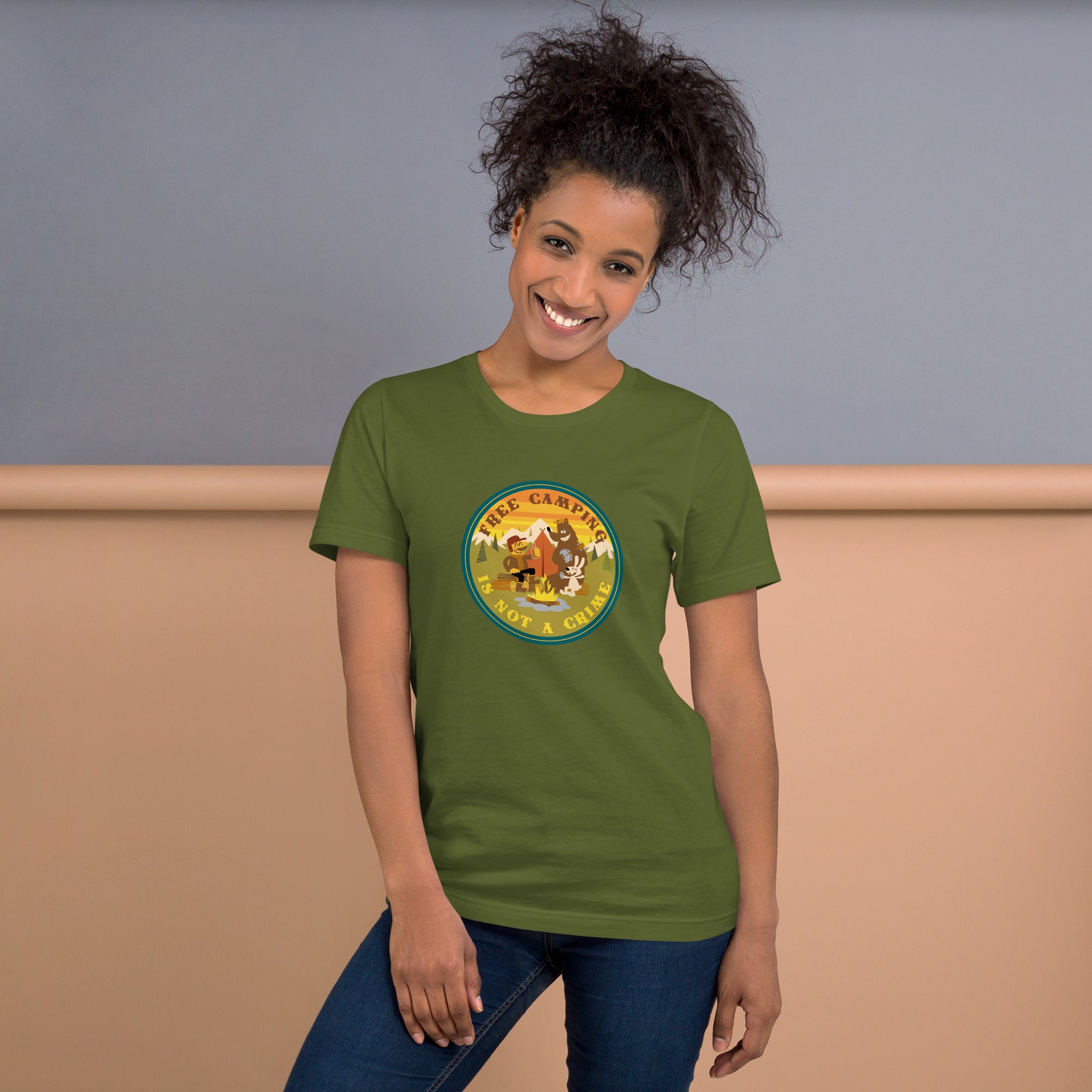 Unisex cotton t-shirt Free Camping is not a Crime on greens