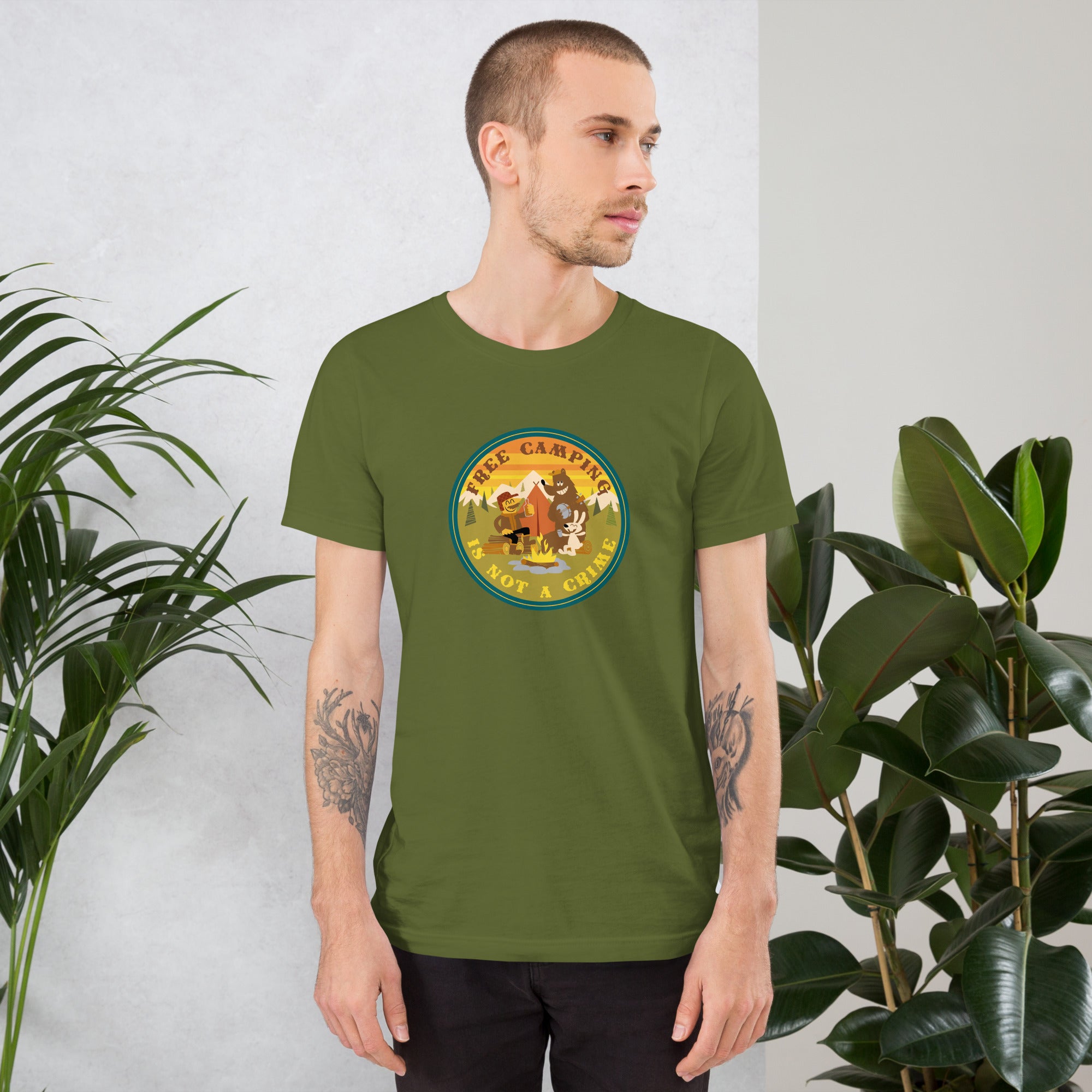 Unisex cotton t-shirt Free Camping is not a Crime on greens