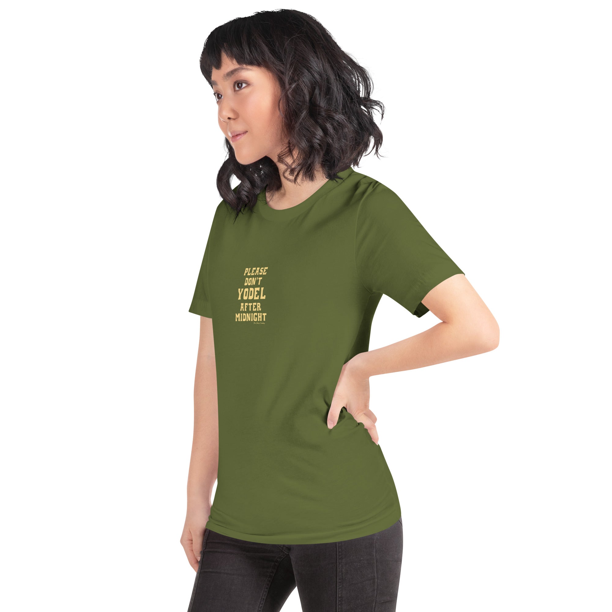 T-shirt en coton unisexe Don't Yodel After Midnight texte clair