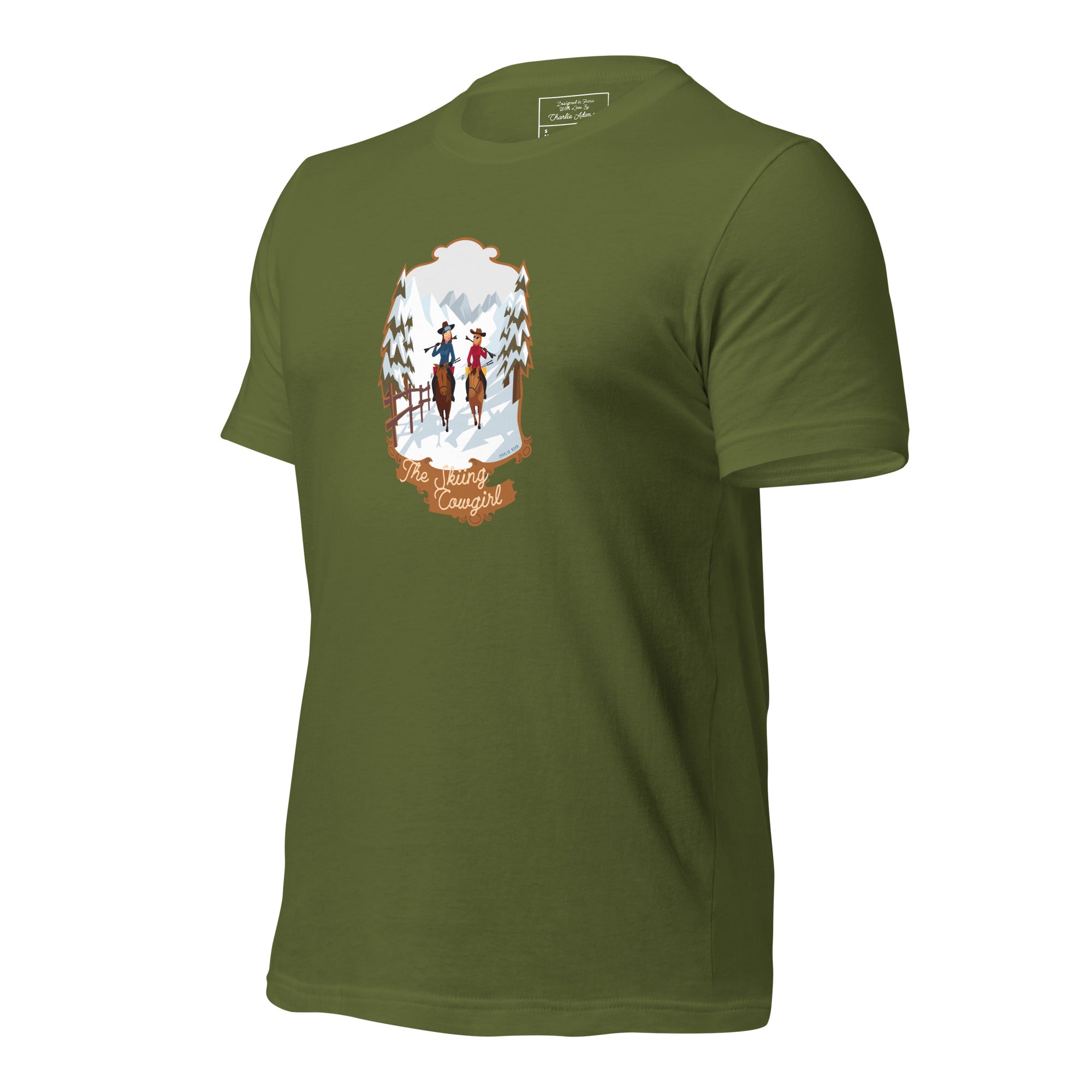 T-shirt en coton unisexe The Skiing Cowgirl sur couleurs foncées