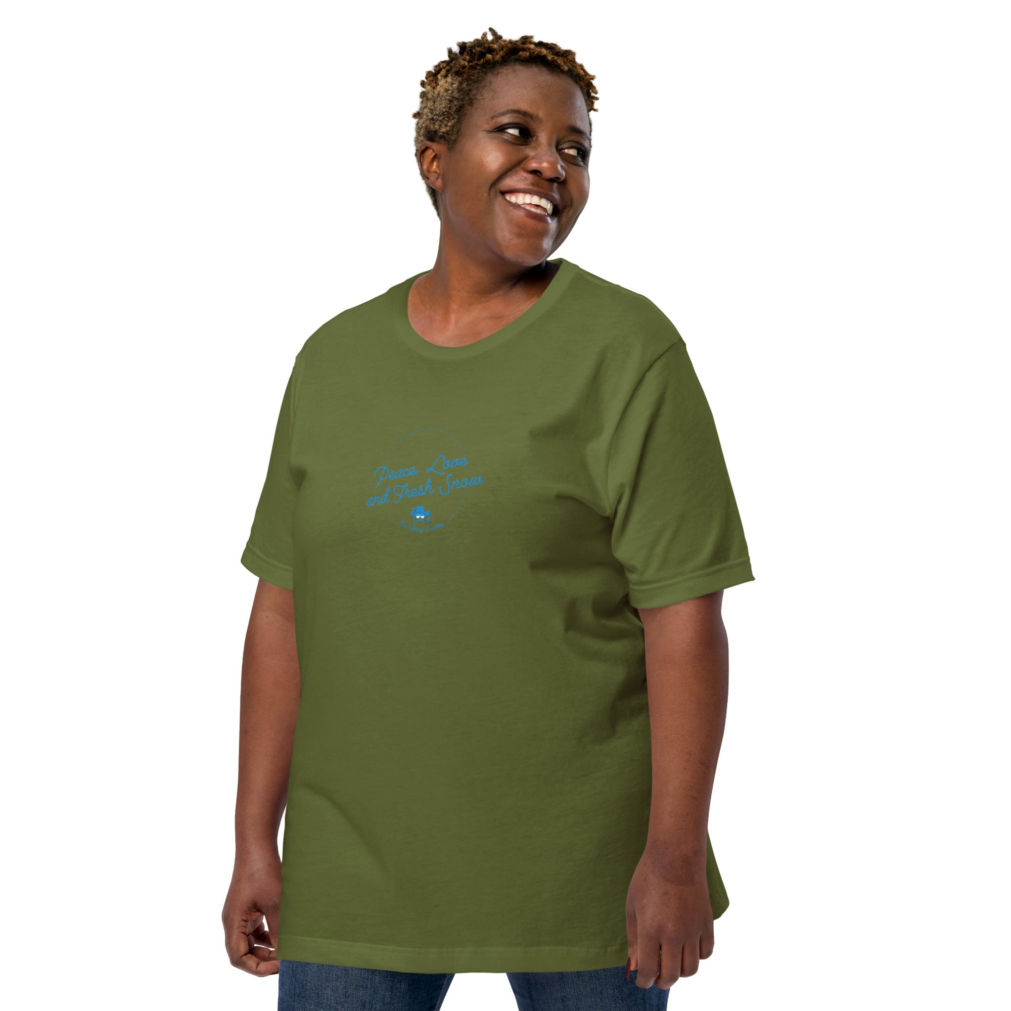 T-shirt en coton unisexe Peace, Love and Fresh Snow sur couleurs foncées