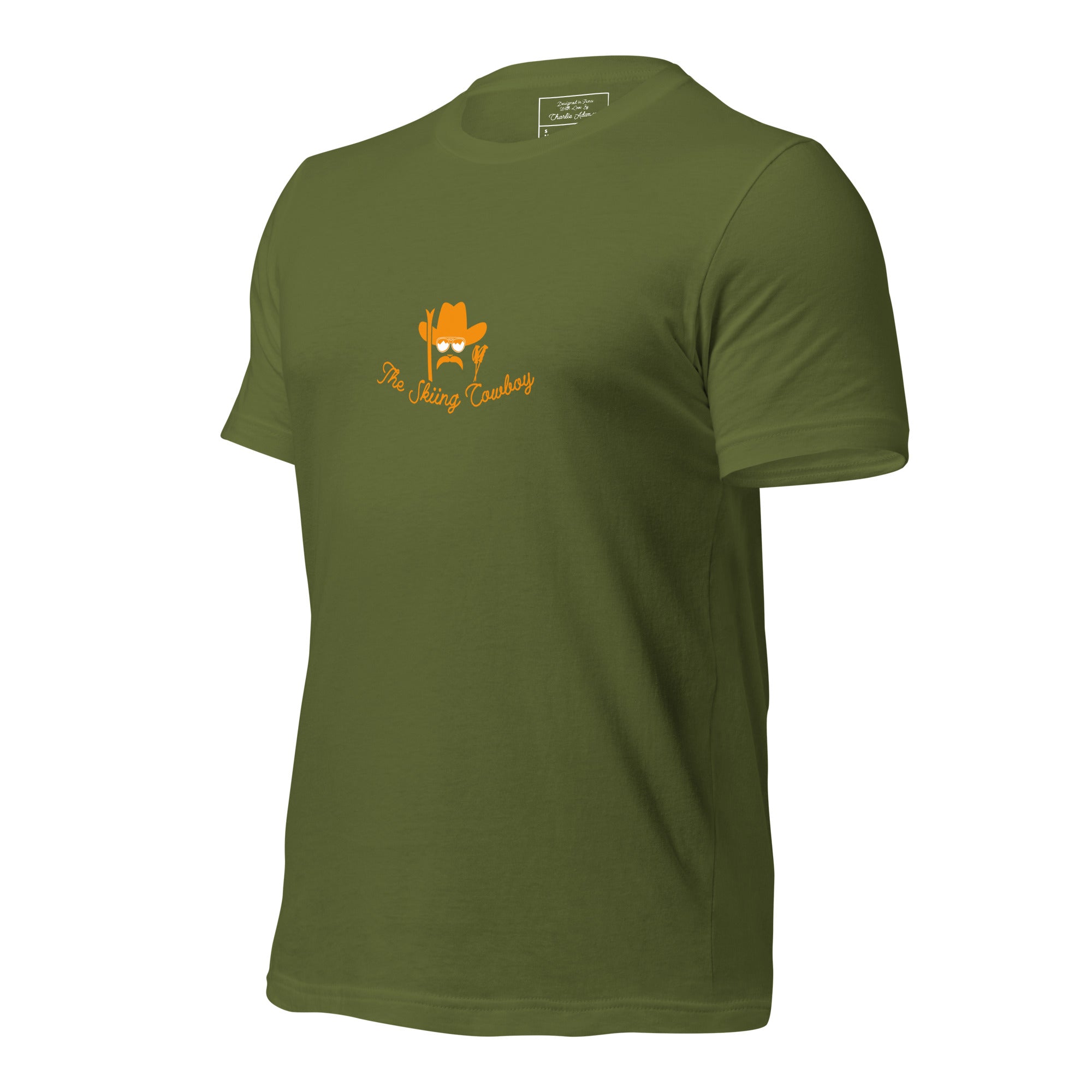 T-shirt en coton unisexe Skiing Cowboy (face) & Ski Fight at OK Corral Outline (dos) sur couleurs foncées