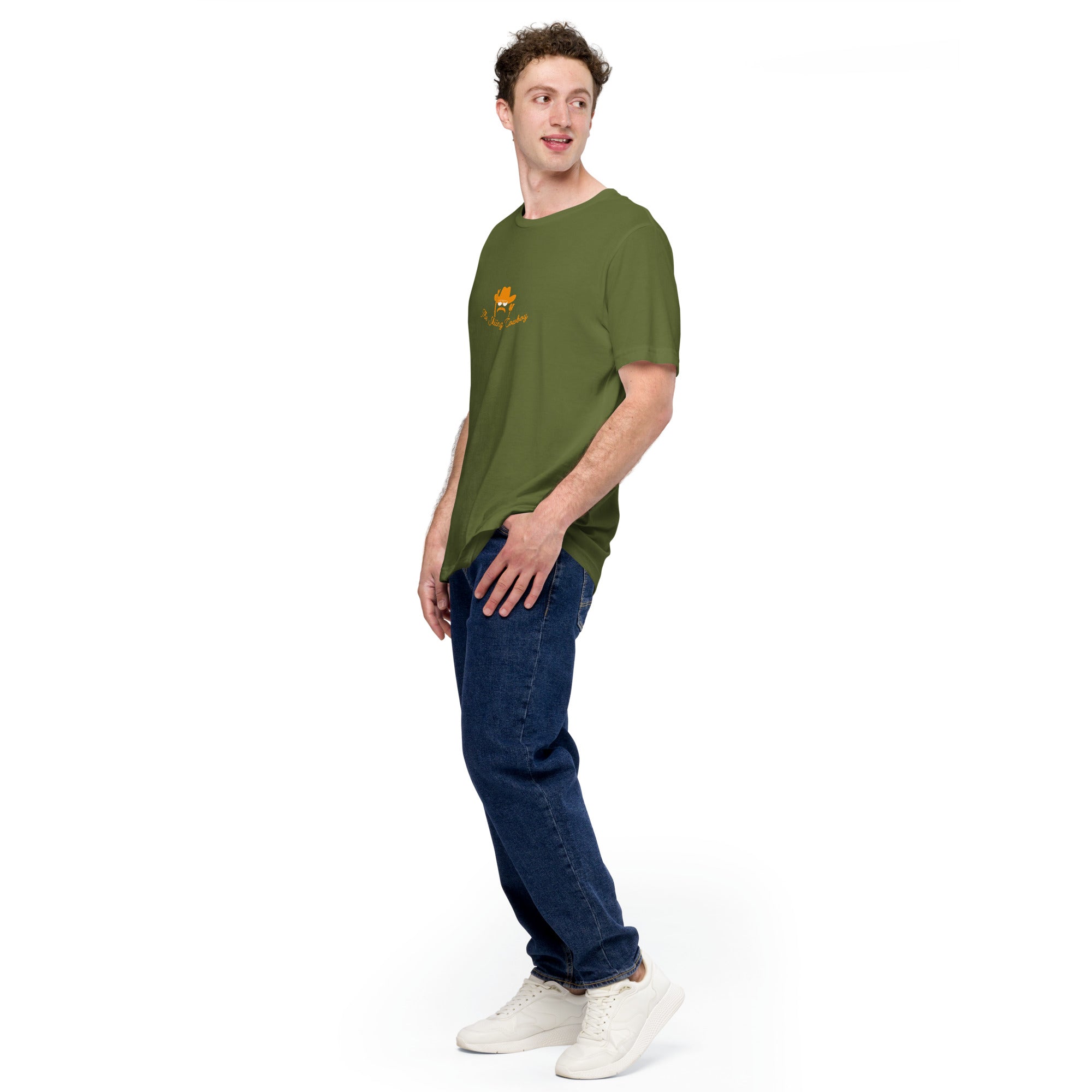 T-shirt en coton unisexe Skiing Cowboy (face) & Ski Fight at OK Corral Outline (dos) sur couleurs foncées