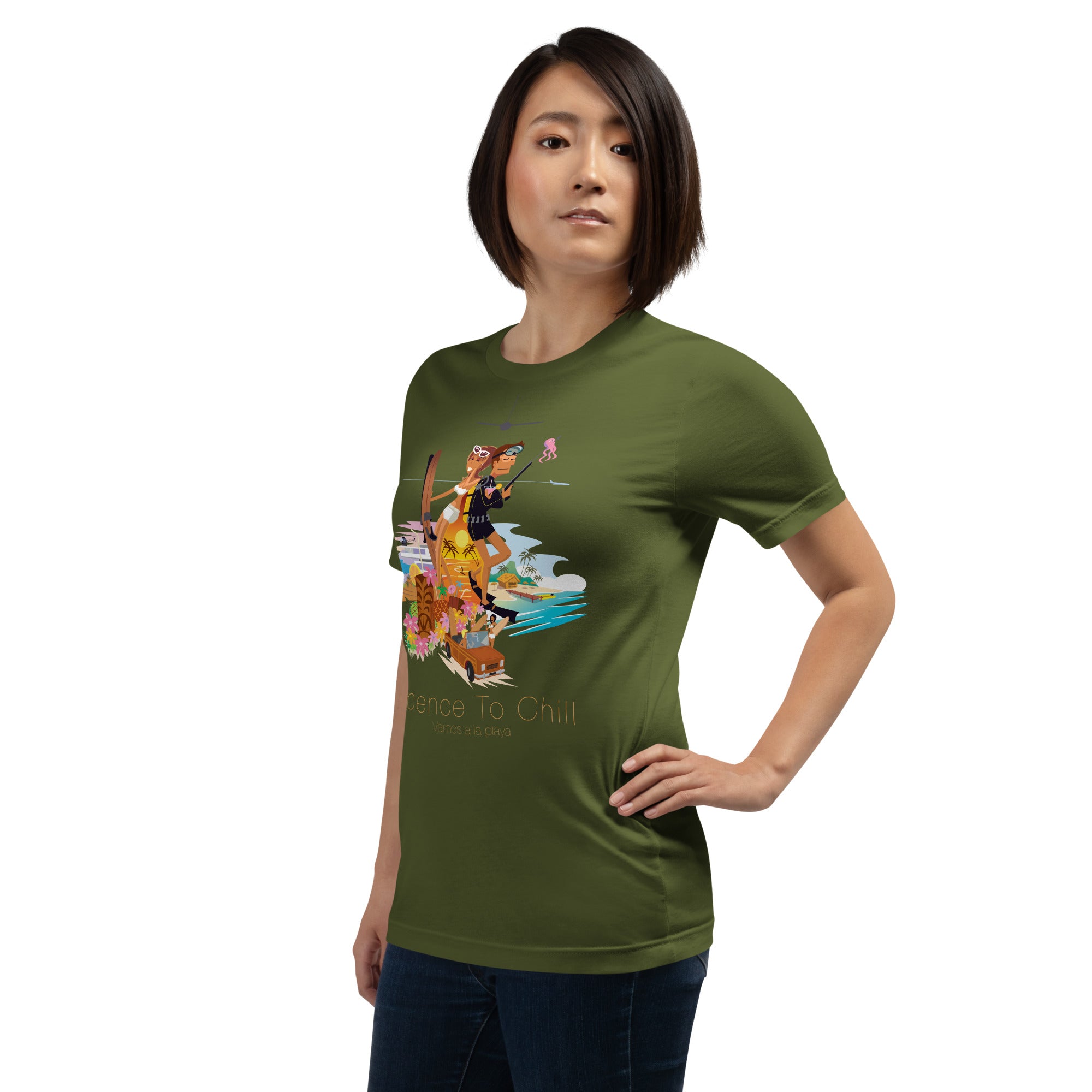 Unisex cotton t-shirt License to Chill Vamos a la Playa on Green