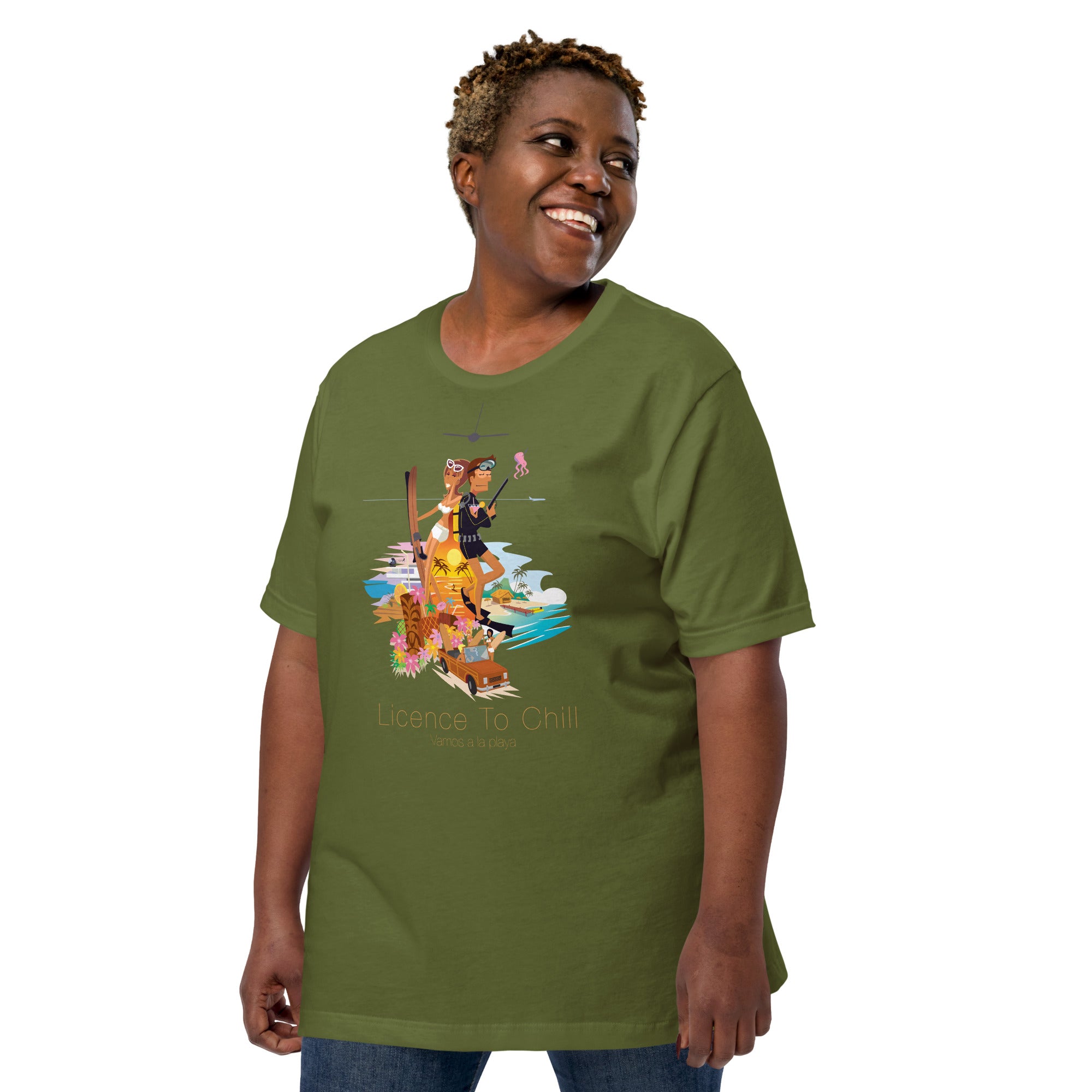 Unisex cotton t-shirt License to Chill Vamos a la Playa on Green