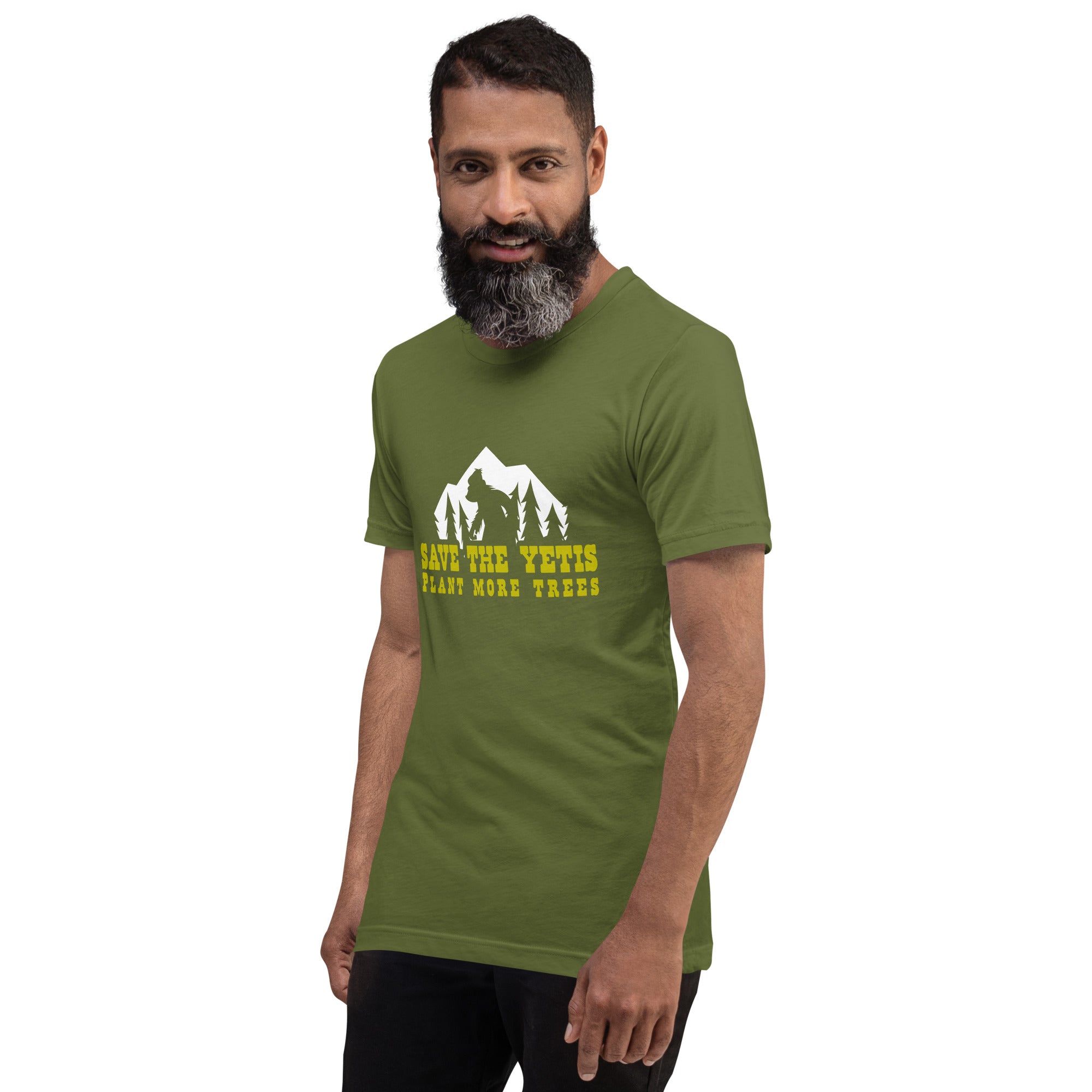 Unisex cotton t-shirt Save the Yetis Plant more Trees on Green (front & back)