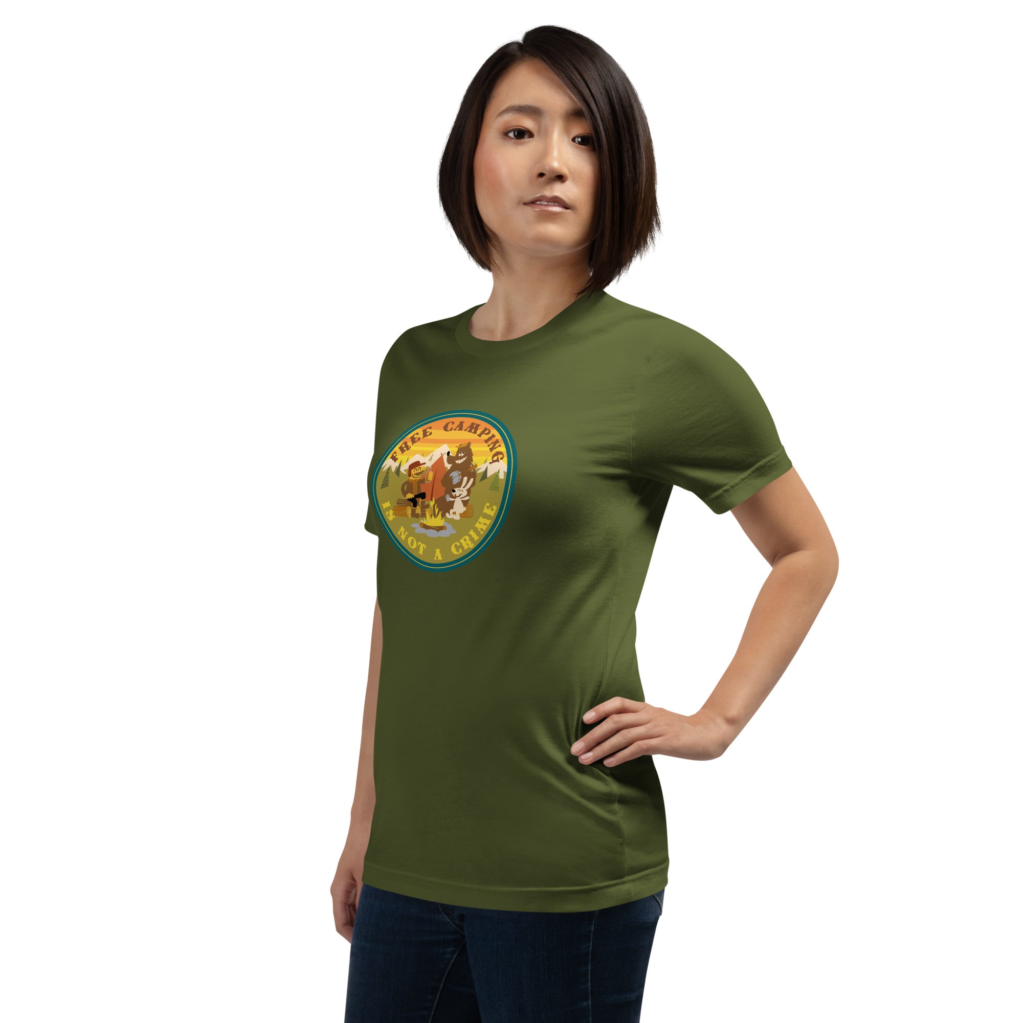 Unisex cotton t-shirt Free Camping is not a Crime on greens