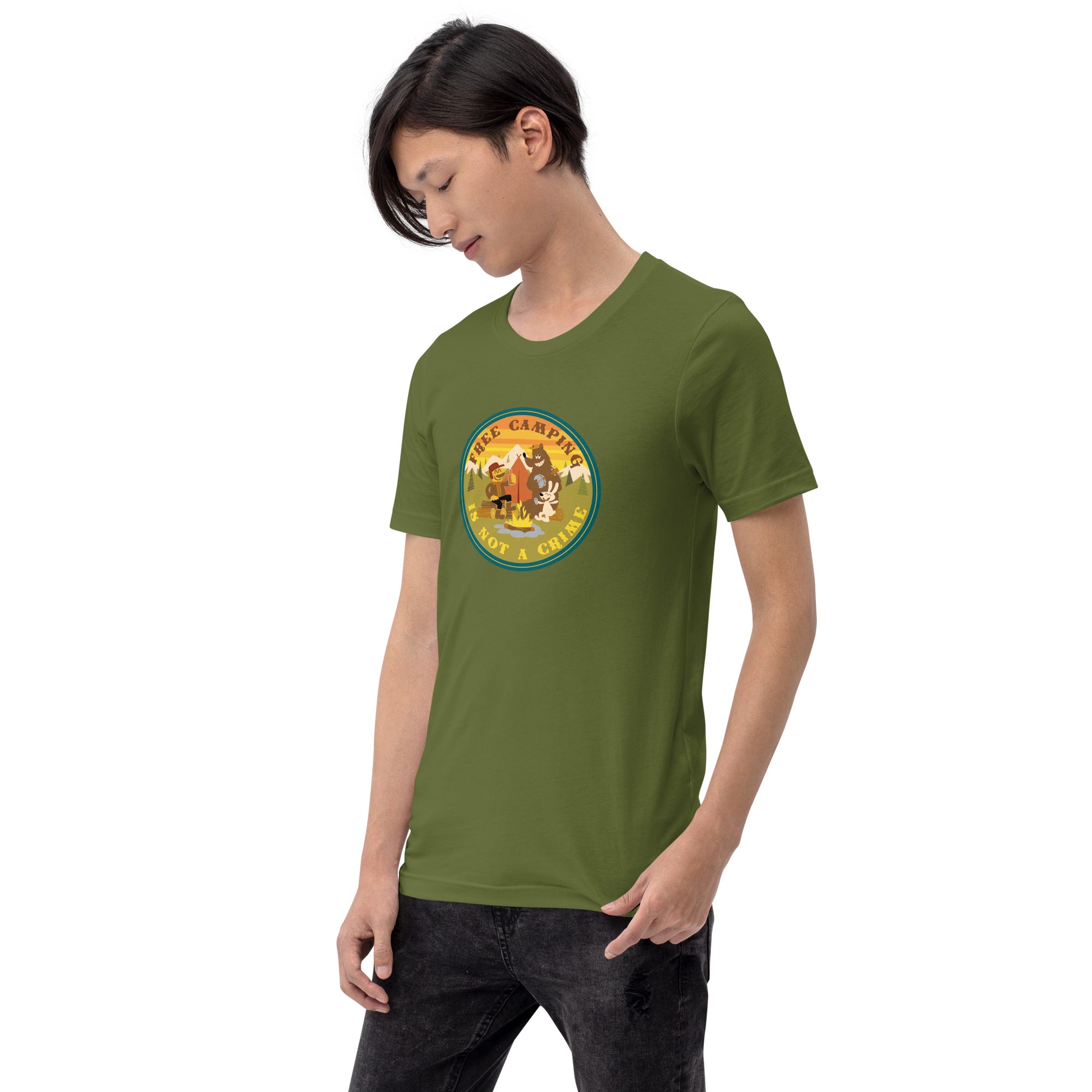 Unisex cotton t-shirt Free Camping is not a Crime on greens