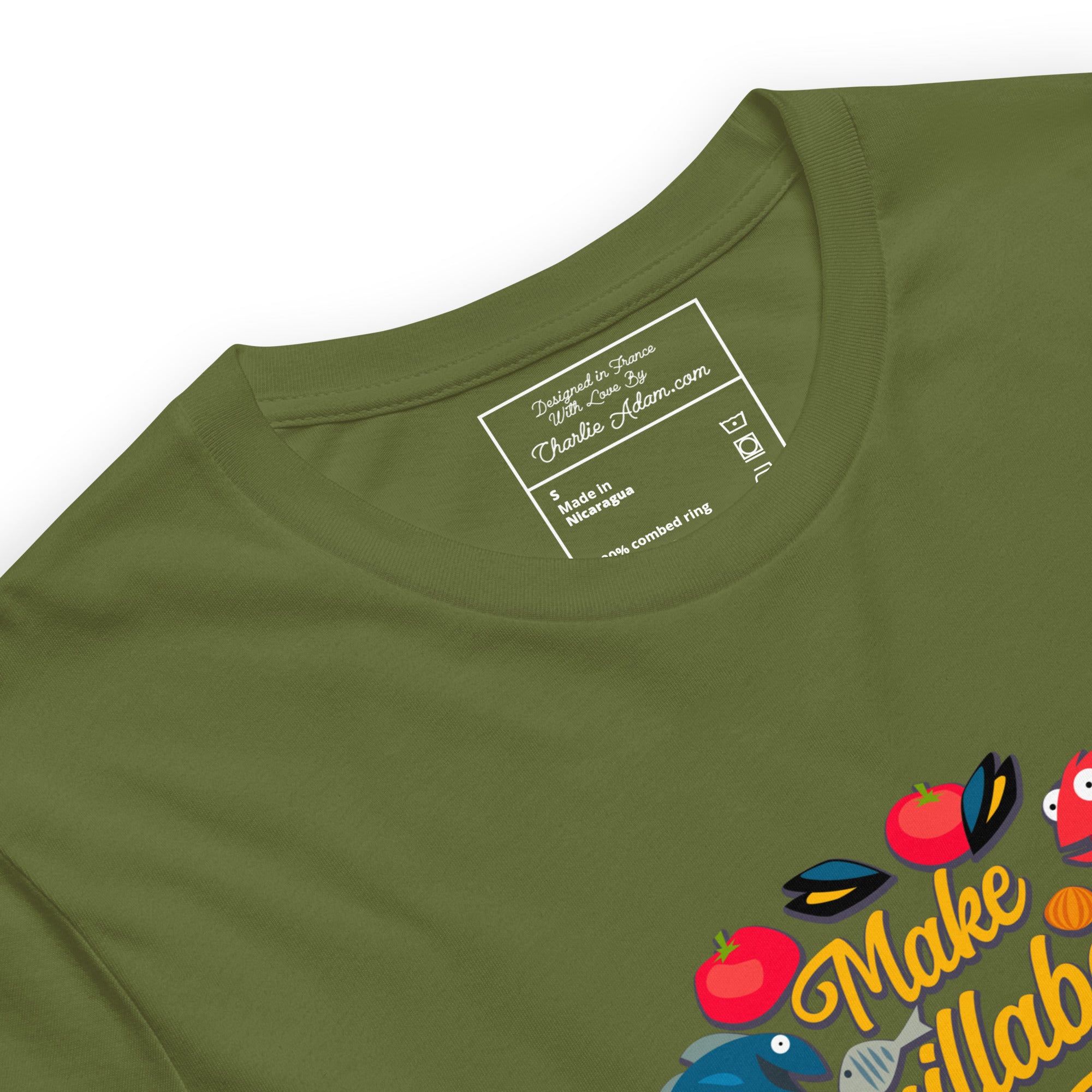 T-shirt en coton unisexe Make Bouillabaisse Not War sur couleurs foncées
