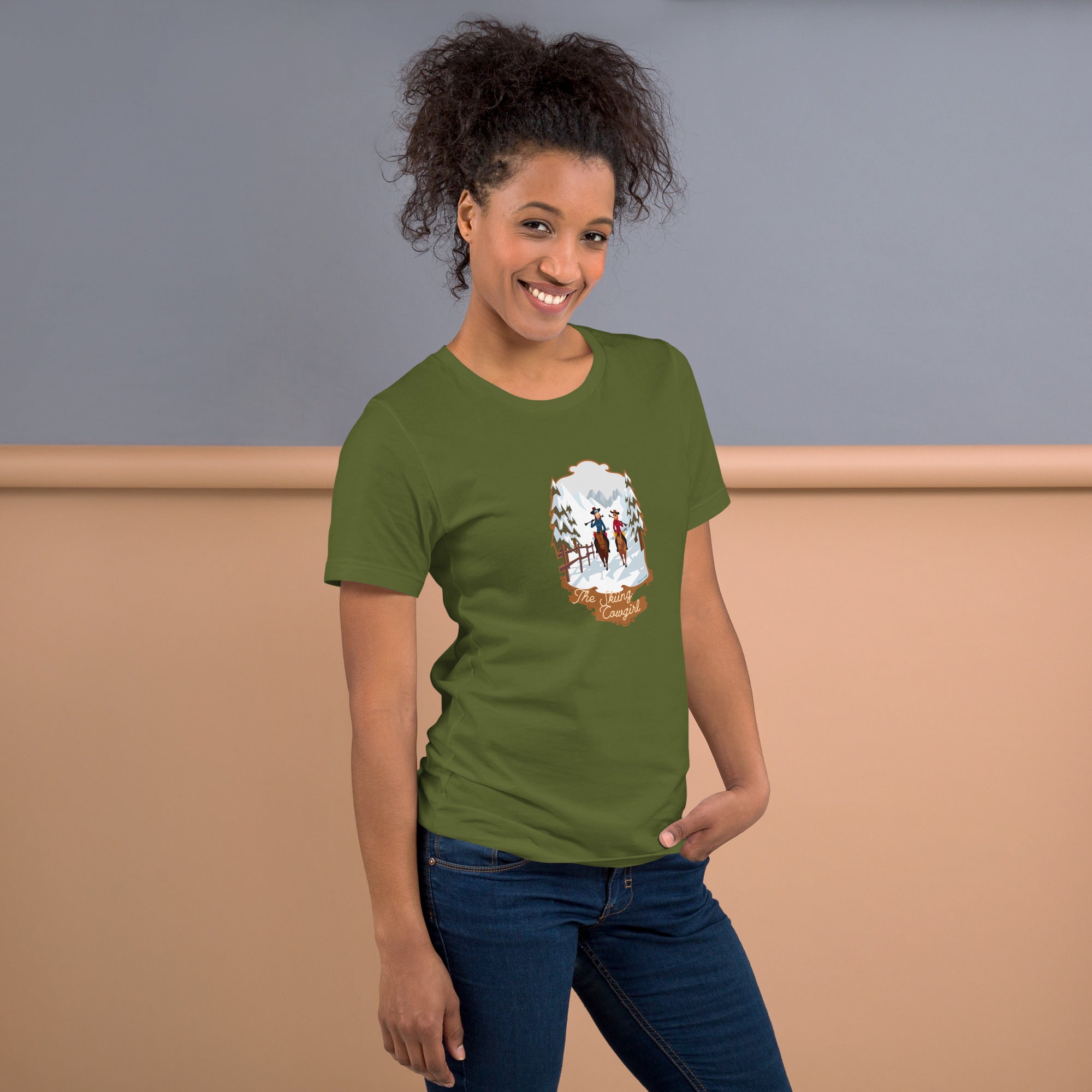 T-shirt en coton unisexe The Skiing Cowgirl sur couleurs foncées