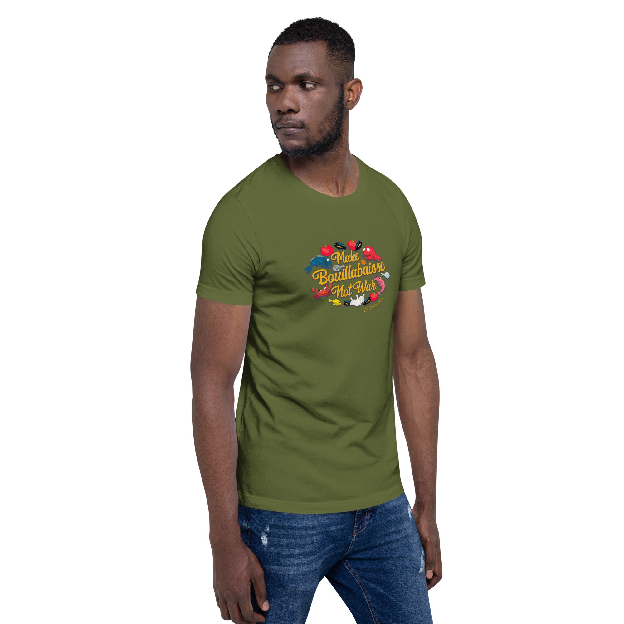 T-shirt en coton unisexe Make Bouillabaisse Not War sur couleurs foncées