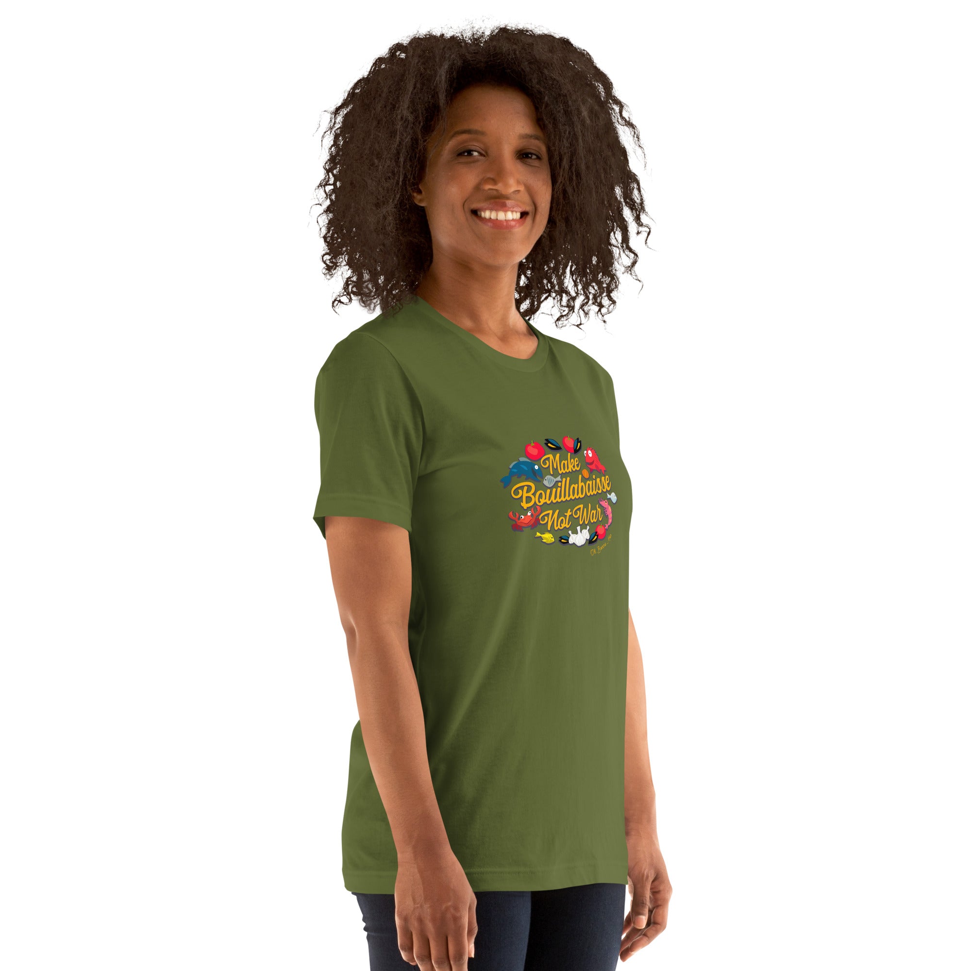 T-shirt en coton unisexe Make Bouillabaisse Not War sur couleurs foncées