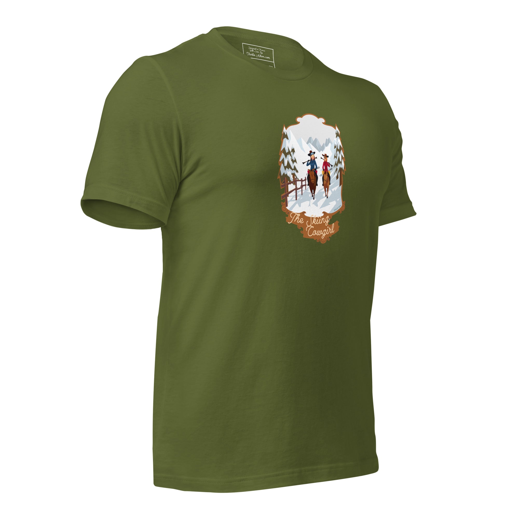 T-shirt en coton unisexe The Skiing Cowgirl sur couleurs foncées