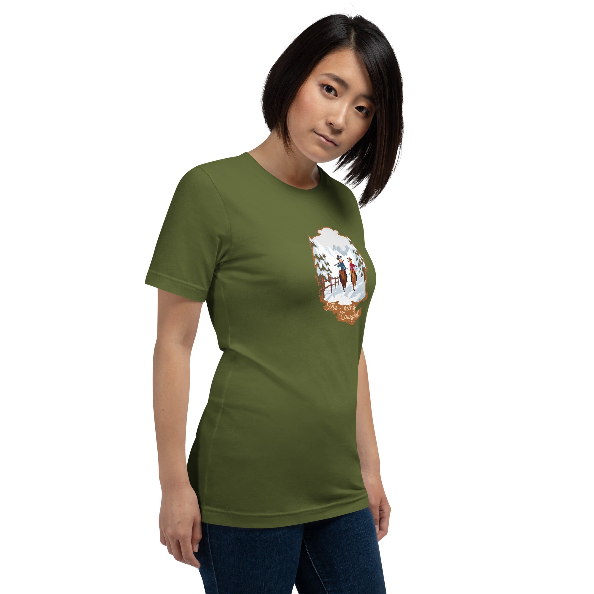 T-shirt en coton unisexe The Skiing Cowgirl sur couleurs foncées