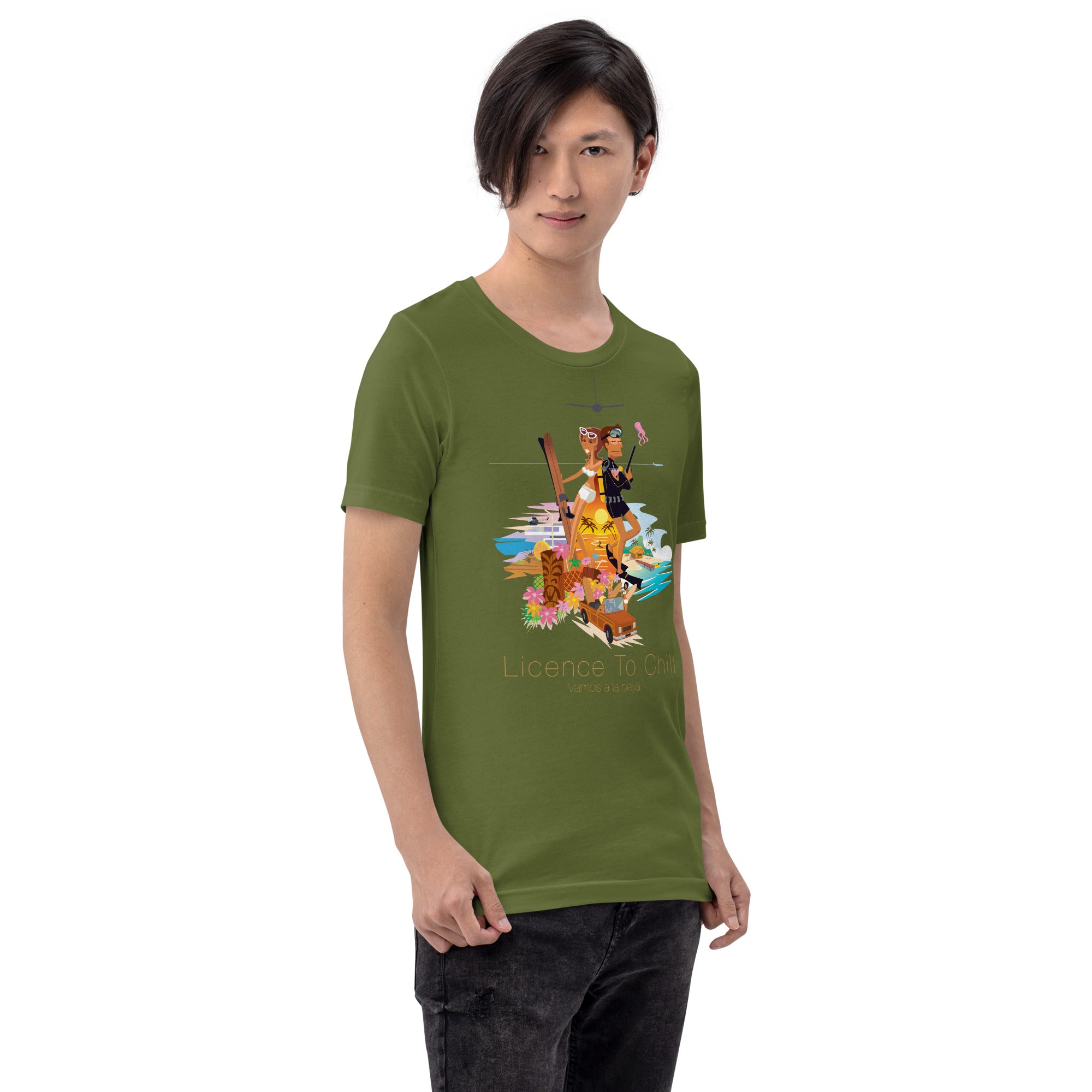 Unisex cotton t-shirt License to Chill Vamos a la Playa on Green