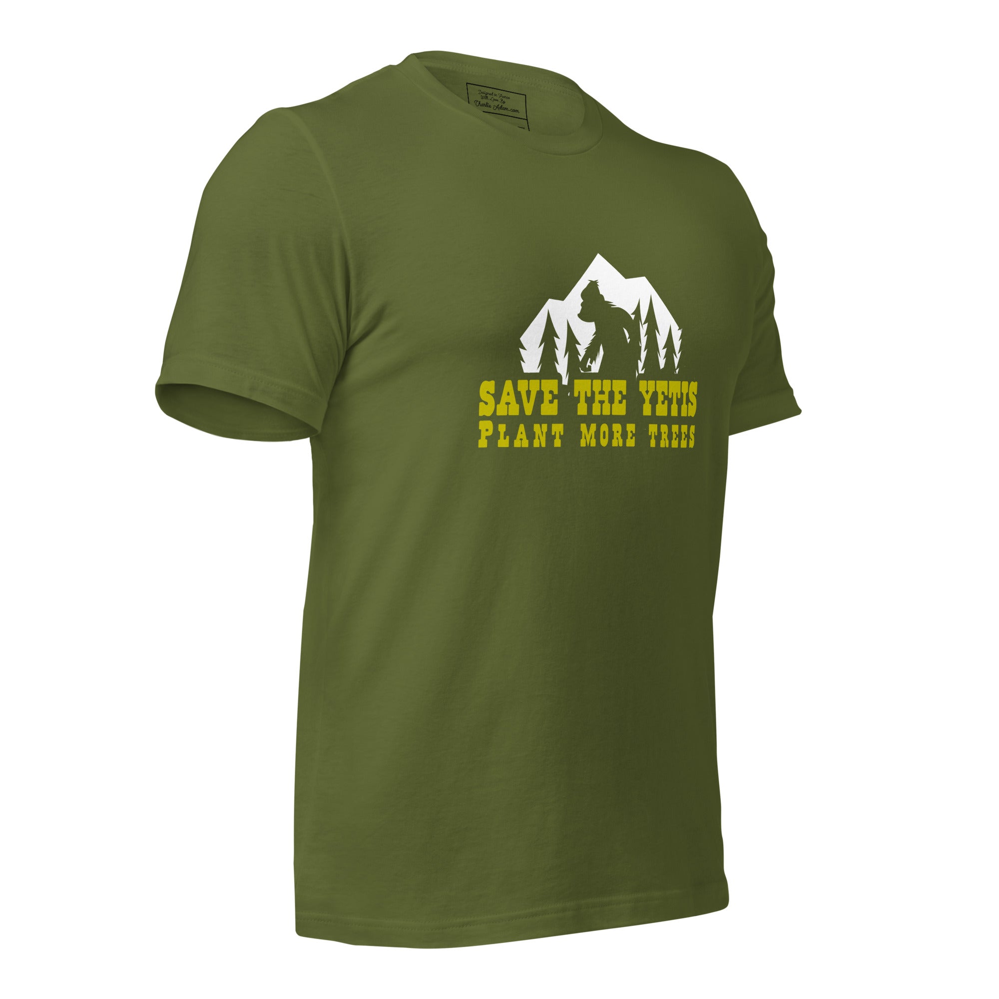 Unisex cotton t-shirt Save the Yetis Plant more Trees on Green (front & back)